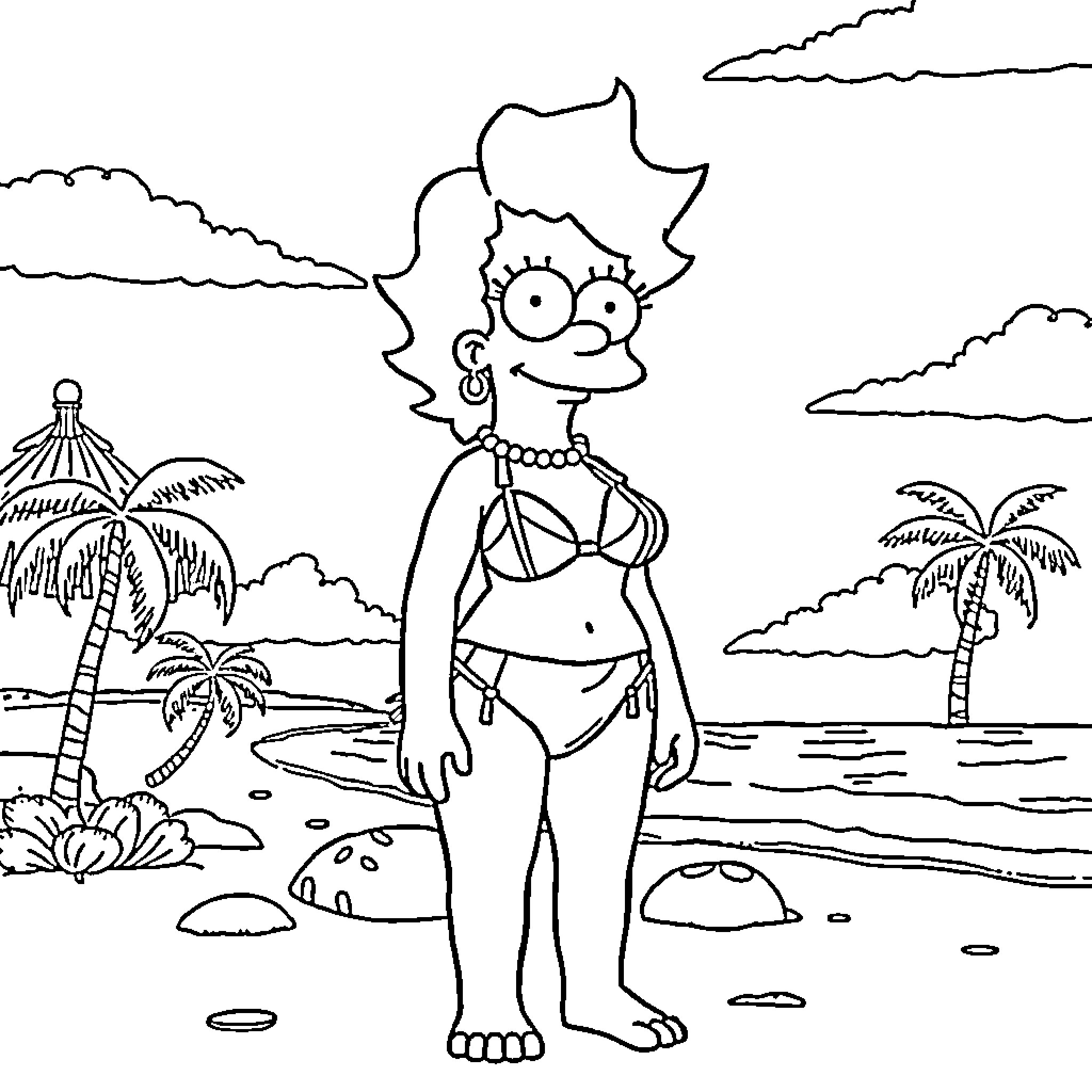 Marge Simpson enjoying a sunny day at the beach Coloring Page (free black-and-white line drawing printable PDF for all, from beginners to advanced learners, including children, teens, adults, and seniors)