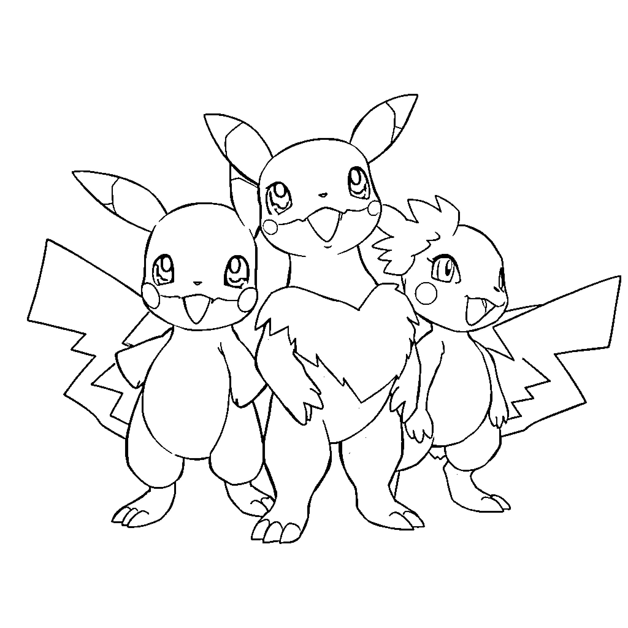 Pokémon Trio Striking Playful Poses Coloring Page (free black-and-white line drawing printable PDF for all, from beginners to advanced learners, including children, teens, adults, and seniors)