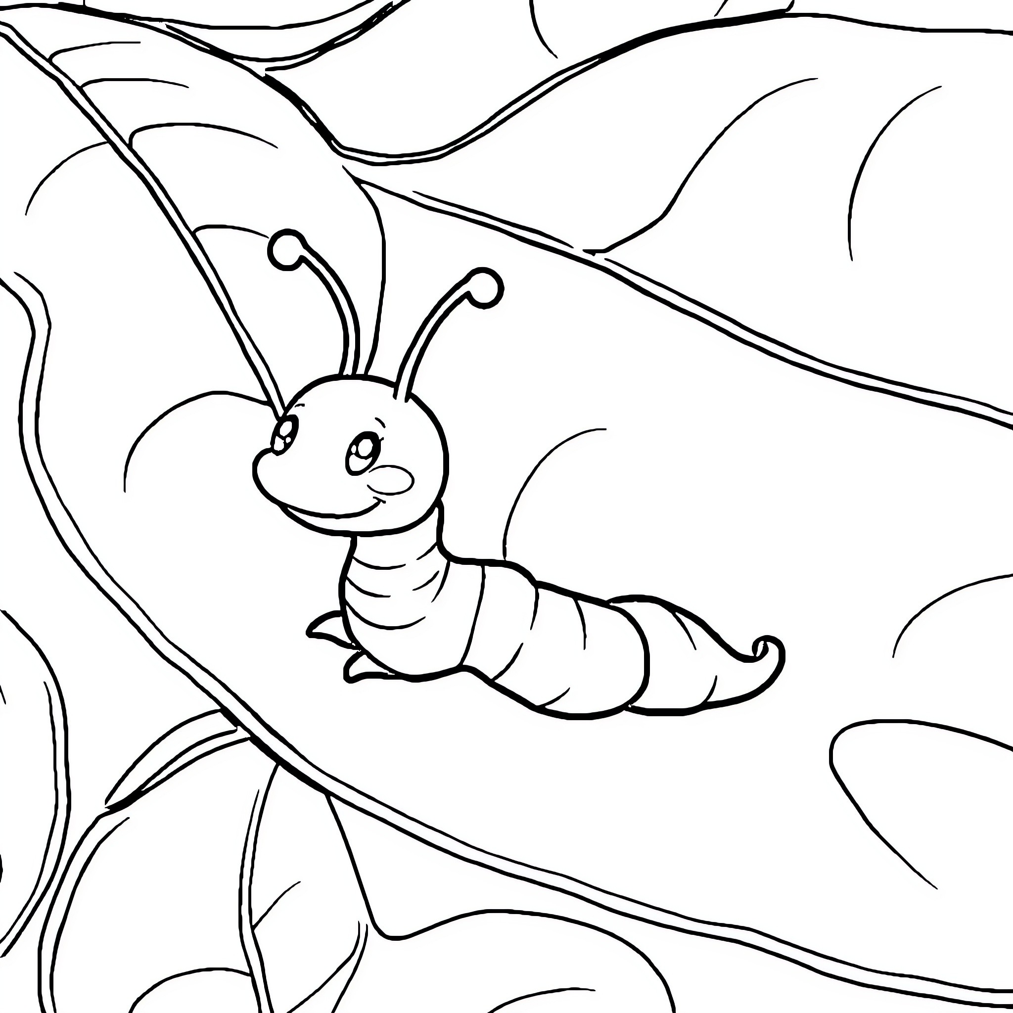 Worm crawling on leaf in nature Coloring Page (free black-and-white line drawing printable PDF for all, from beginners to advanced learners, including children, teens, adults, and seniors)