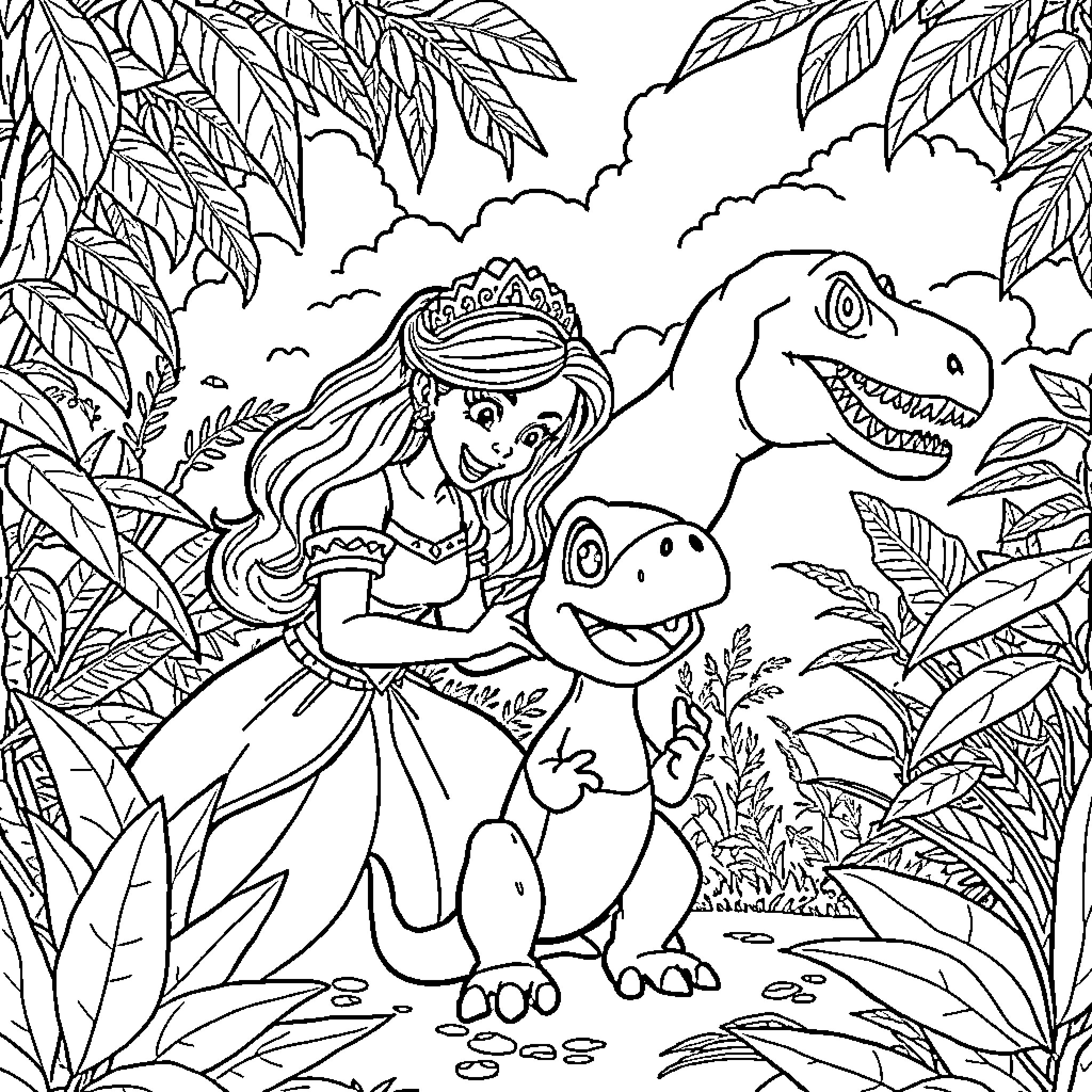 Princess Riding a Friendly Dinosaur in the Enchanted Forest Coloring Page (free black-and-white line drawing printable PDF for all, from beginners to advanced learners, including children, teens, adults, and seniors)