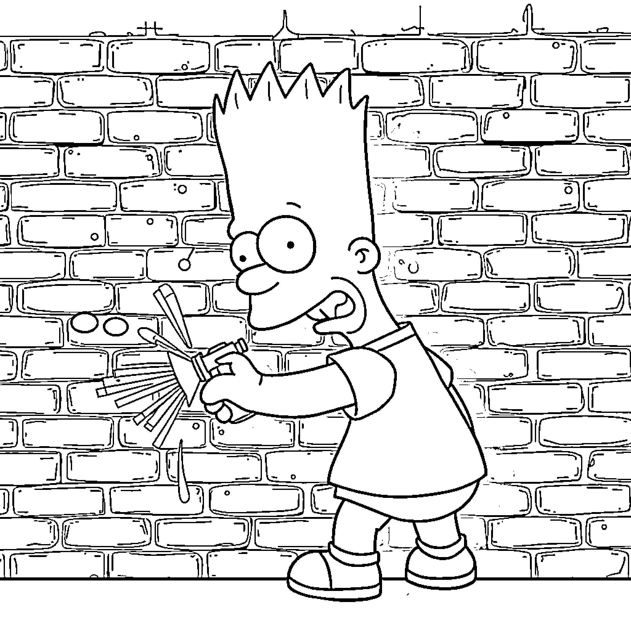 Bart Simpson spraying graffiti on a brick wall Coloring Page (free black-and-white line drawing printable PDF for all, from beginners to advanced learners, including children, teens, adults, and seniors)
