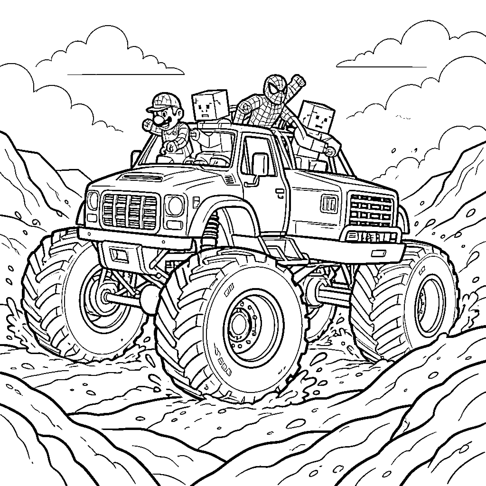 Monster Truck Crushing Obstacles in the Wilderness Coloring Page (free black-and-white line drawing printable PDF for all, from beginners to advanced learners, including children, teens, adults, and seniors)