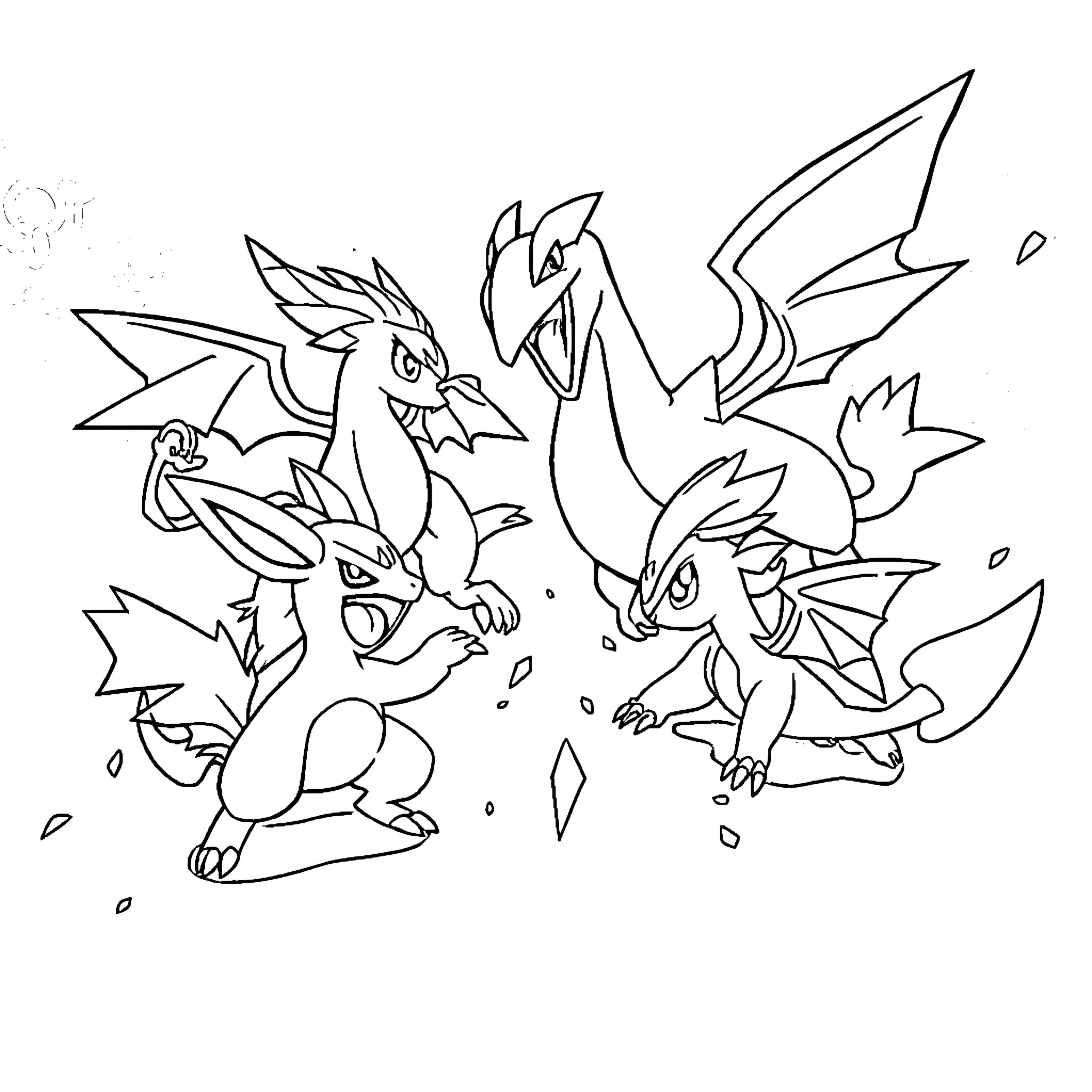 Pokémon monsters in battle action poses Coloring Page (free black-and-white line drawing printable PDF for all, from beginners to advanced learners, including children, teens, adults, and seniors)