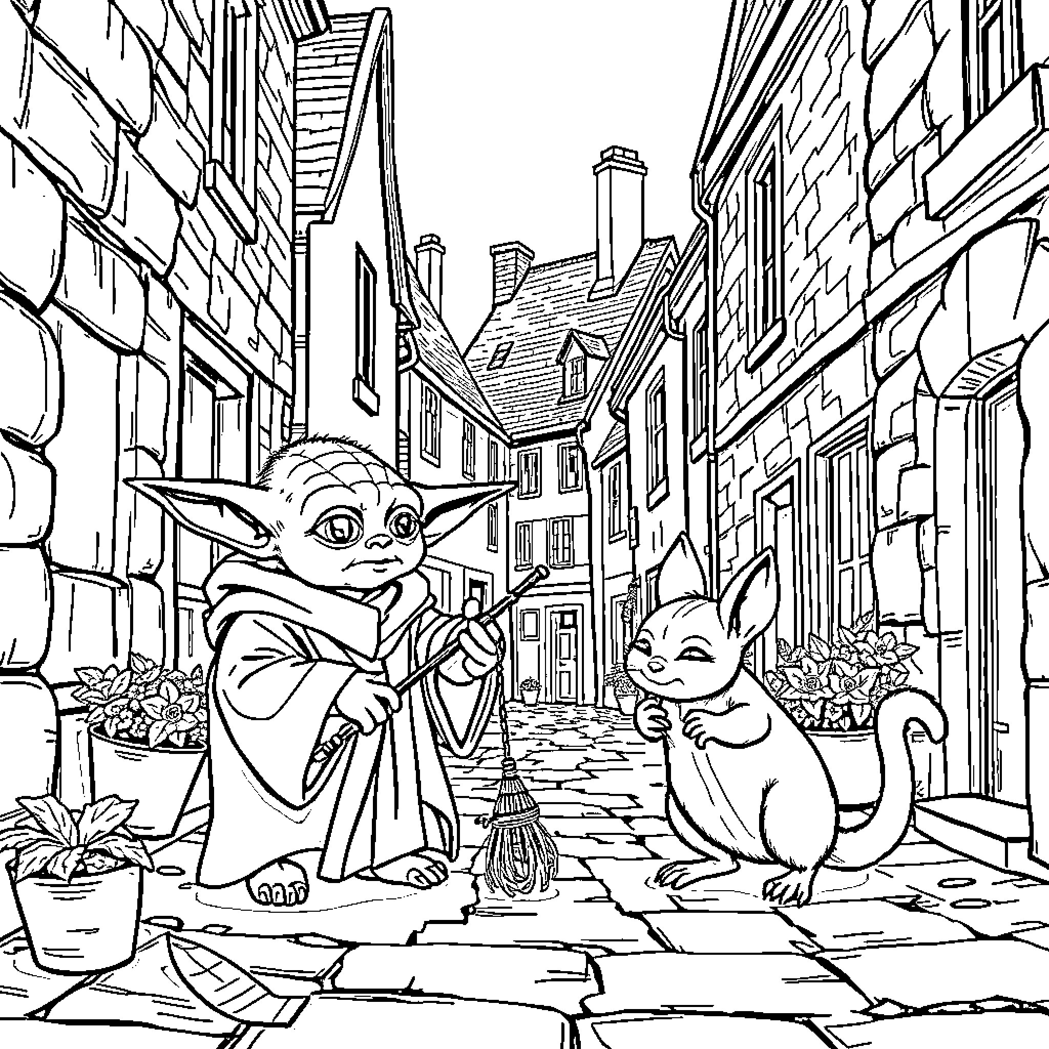 Bébé Yoda and companion explore the charming streets Coloring Page (free black-and-white line drawing printable PDF for all, from beginners to advanced learners, including children, teens, adults, and seniors)