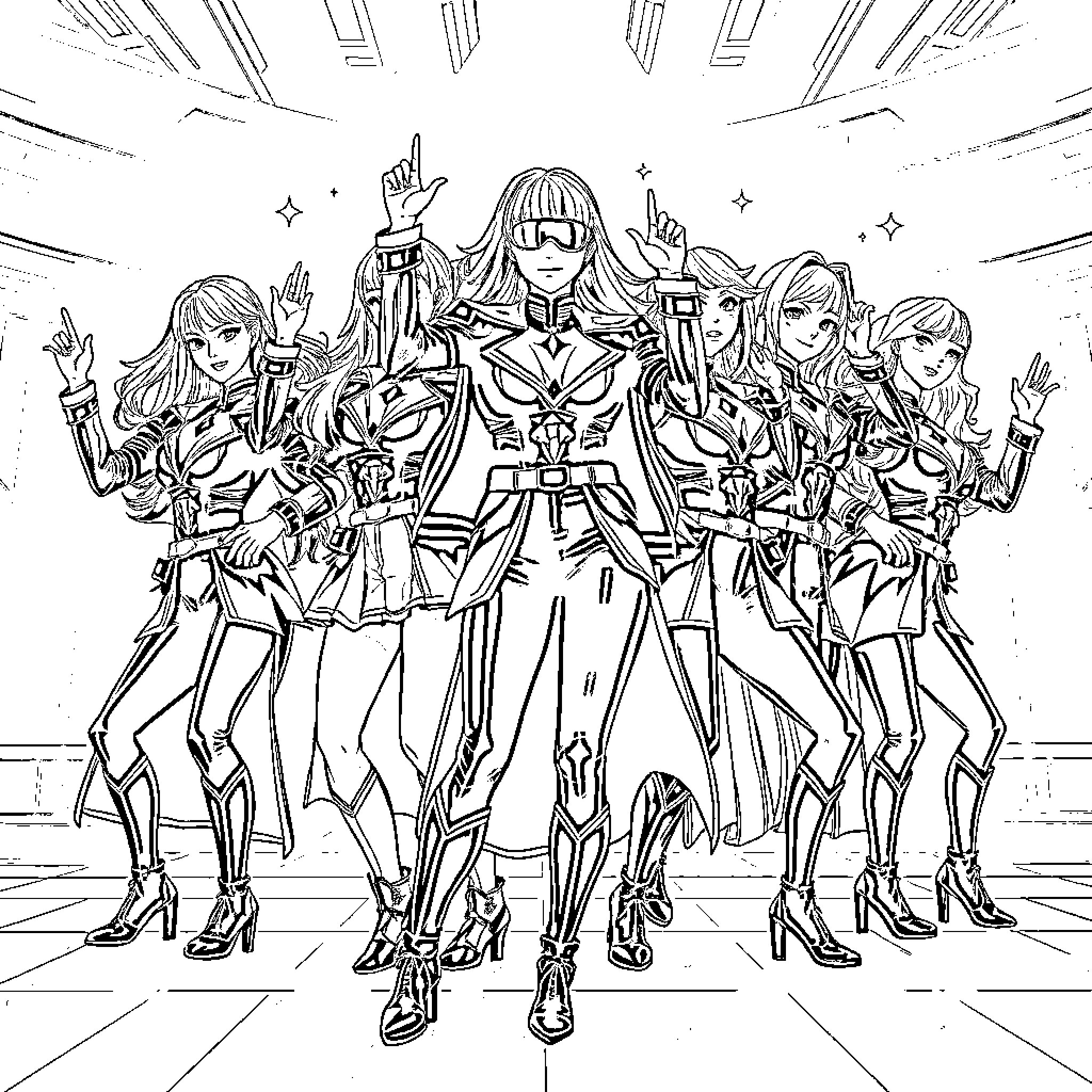 Kpop Warriors in Fierce Poses and Outfits Coloring Page (free black-and-white line drawing printable PDF for all, from beginners to advanced learners, including children, teens, adults, and seniors)