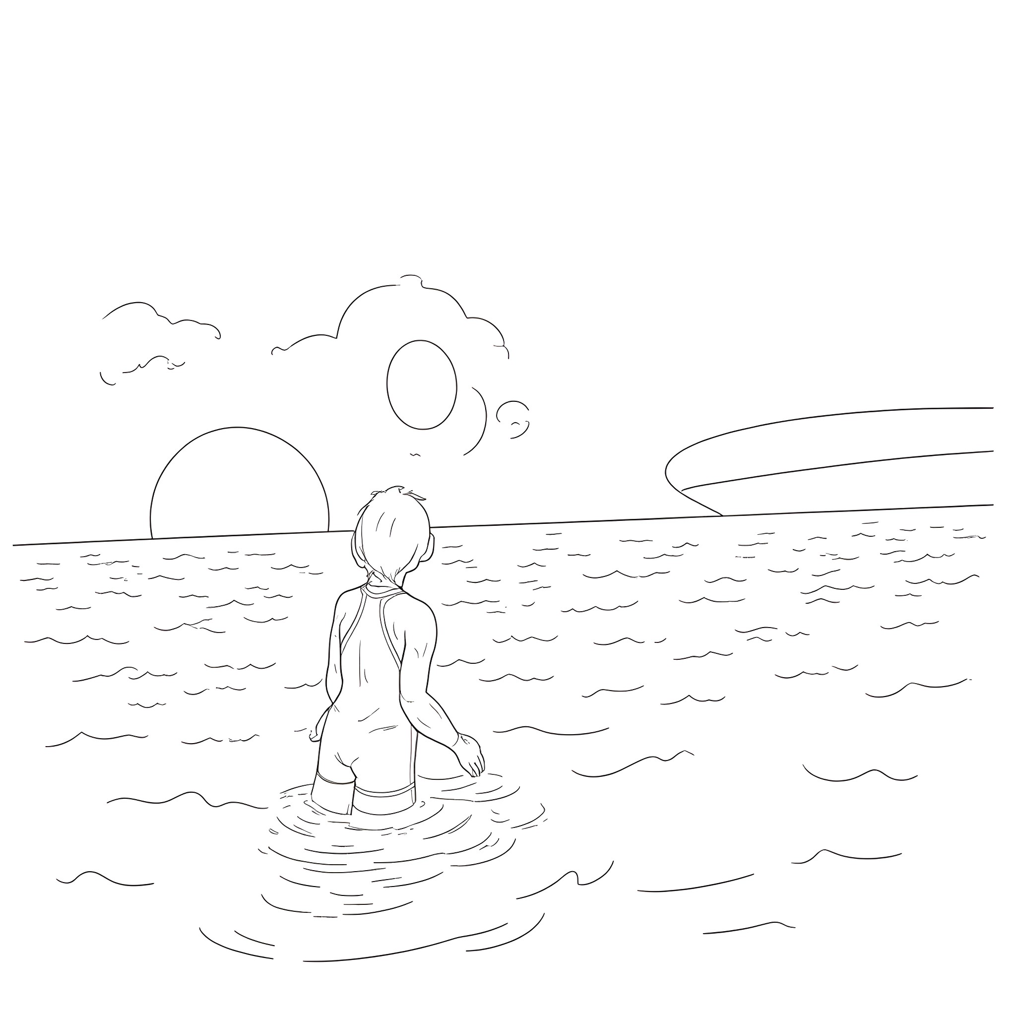 Le Corbusier figure wading in a serene landscape Coloring Page (free black-and-white line drawing printable PDF for all, from beginners to advanced learners, including children, teens, adults, and seniors)