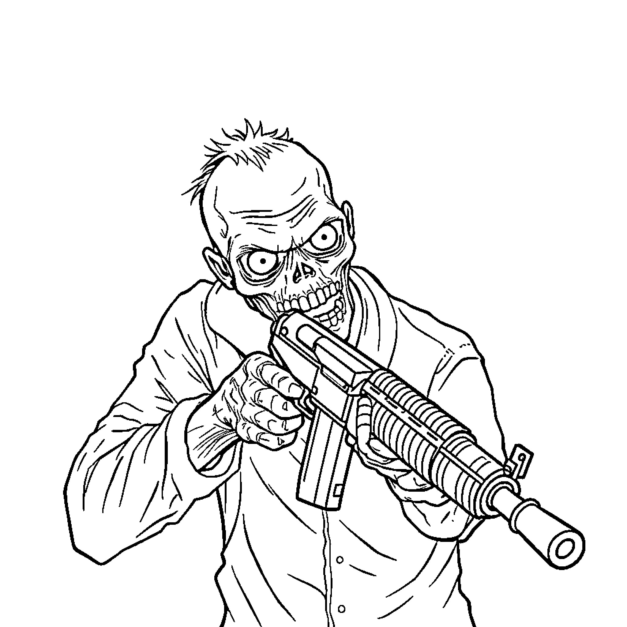 Zombie businessman wielding a weapon in despair Coloring Page (free black-and-white line drawing printable PDF for all, from beginners to advanced learners, including children, teens, adults, and seniors)
