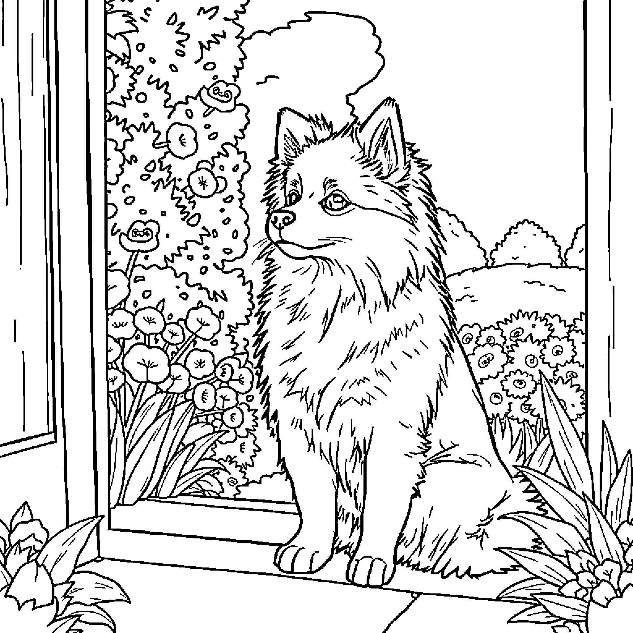 Dog sits in the garden surrounded by flowers Coloring Page (free black-and-white line drawing printable PDF for all, from beginners to advanced learners, including children, teens, adults, and seniors)