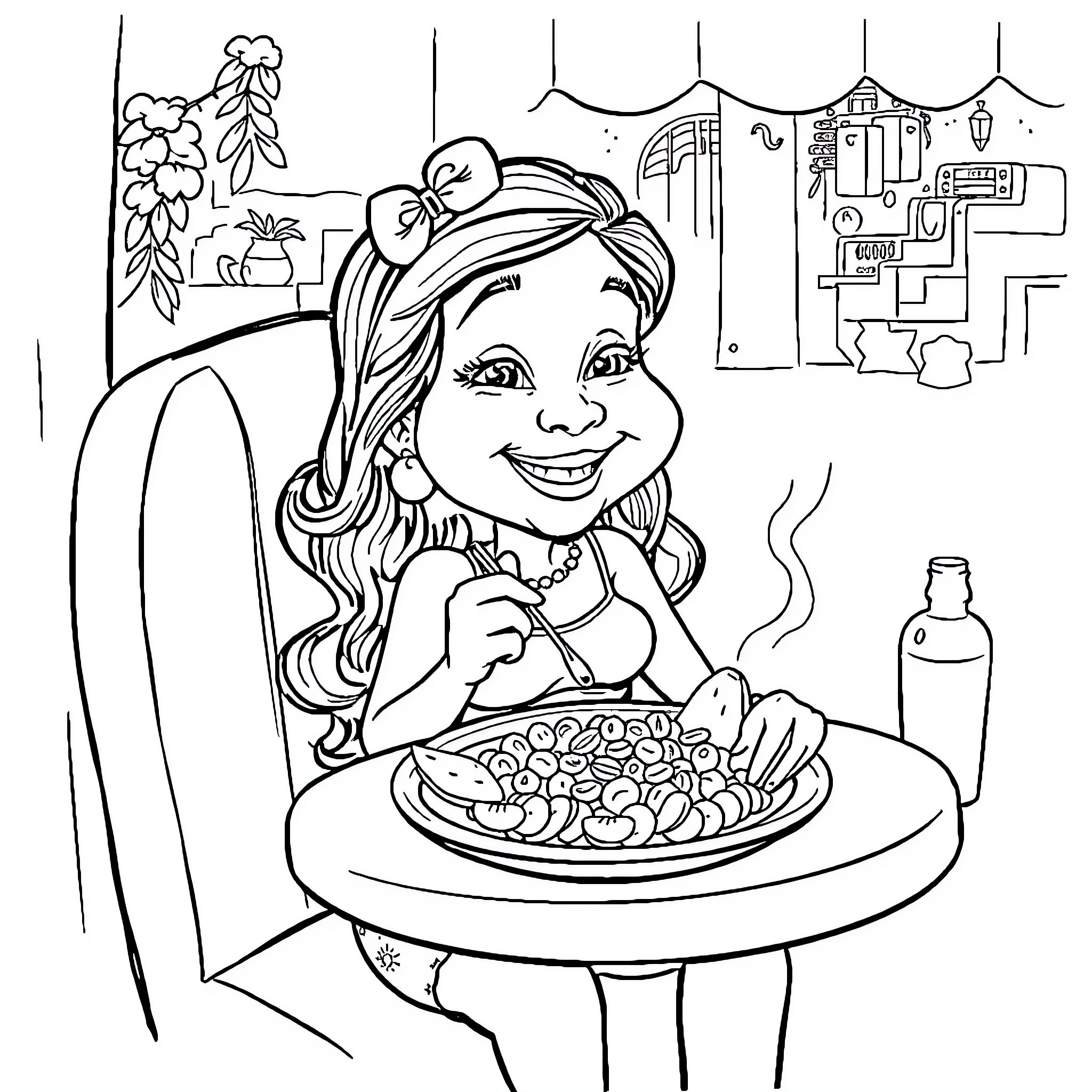 Cholita enjoying a traditional meal in a cozy cafe Coloring Page (free black-and-white line drawing printable PDF for all, from beginners to advanced learners, including children, teens, adults, and seniors)