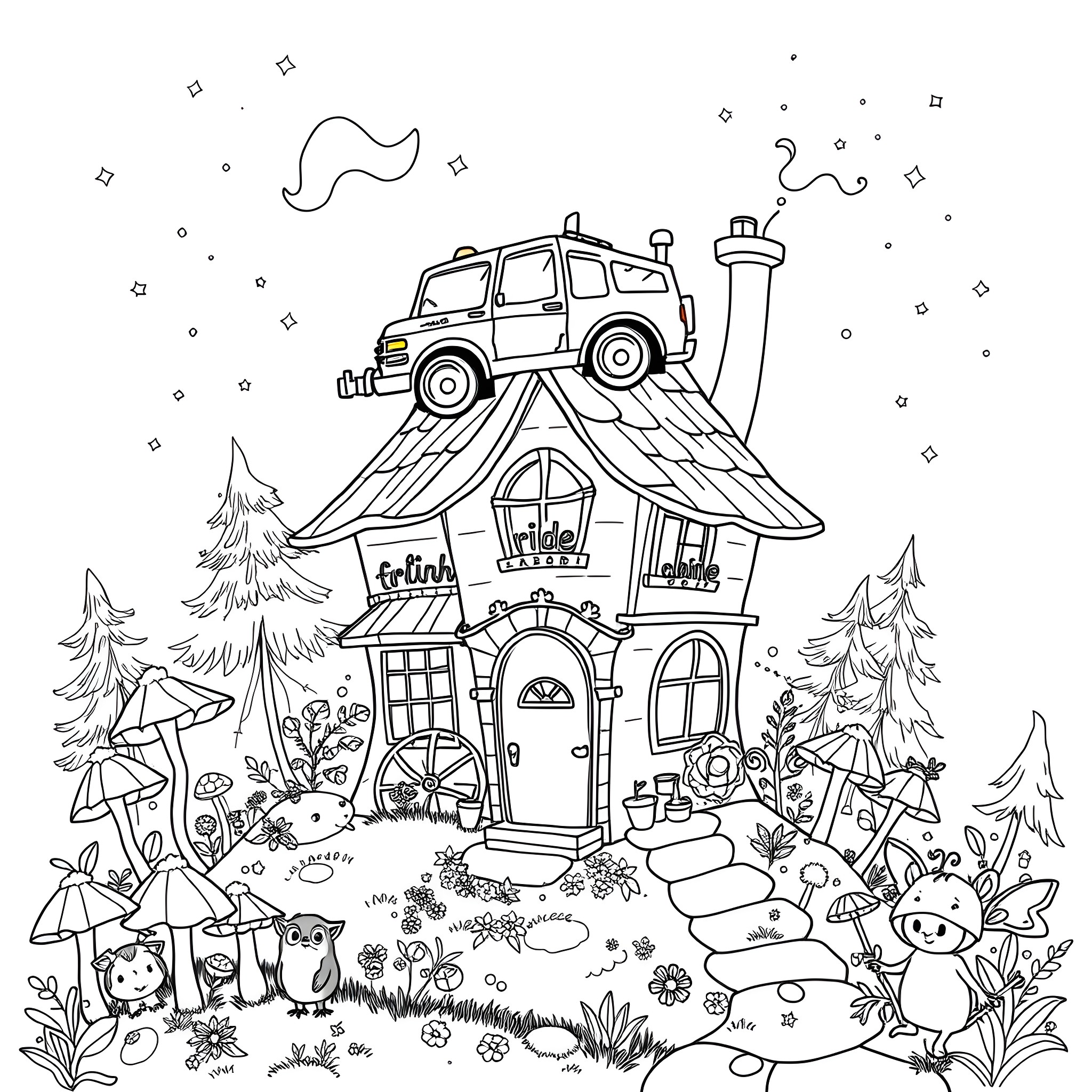 Firetruck responds to emergency at enchanted forest cottage Coloring Page (free black-and-white line drawing printable PDF for all, from beginners to advanced learners, including children, teens, adults, and seniors)