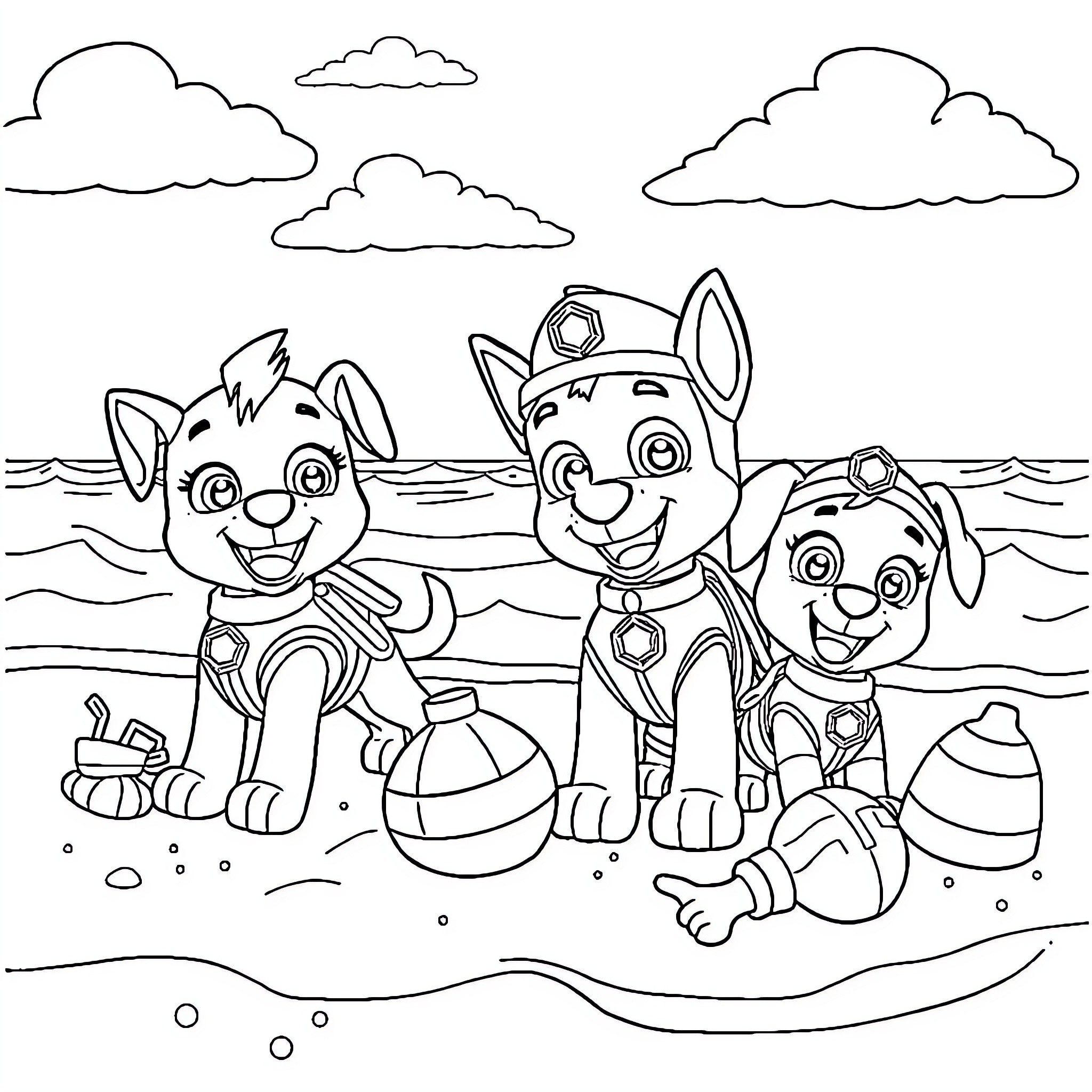 Paw Patrol pups enjoying a day at the beach Coloring Page (free black-and-white line drawing printable PDF for all, from beginners to advanced learners, including children, teens, adults, and seniors)
