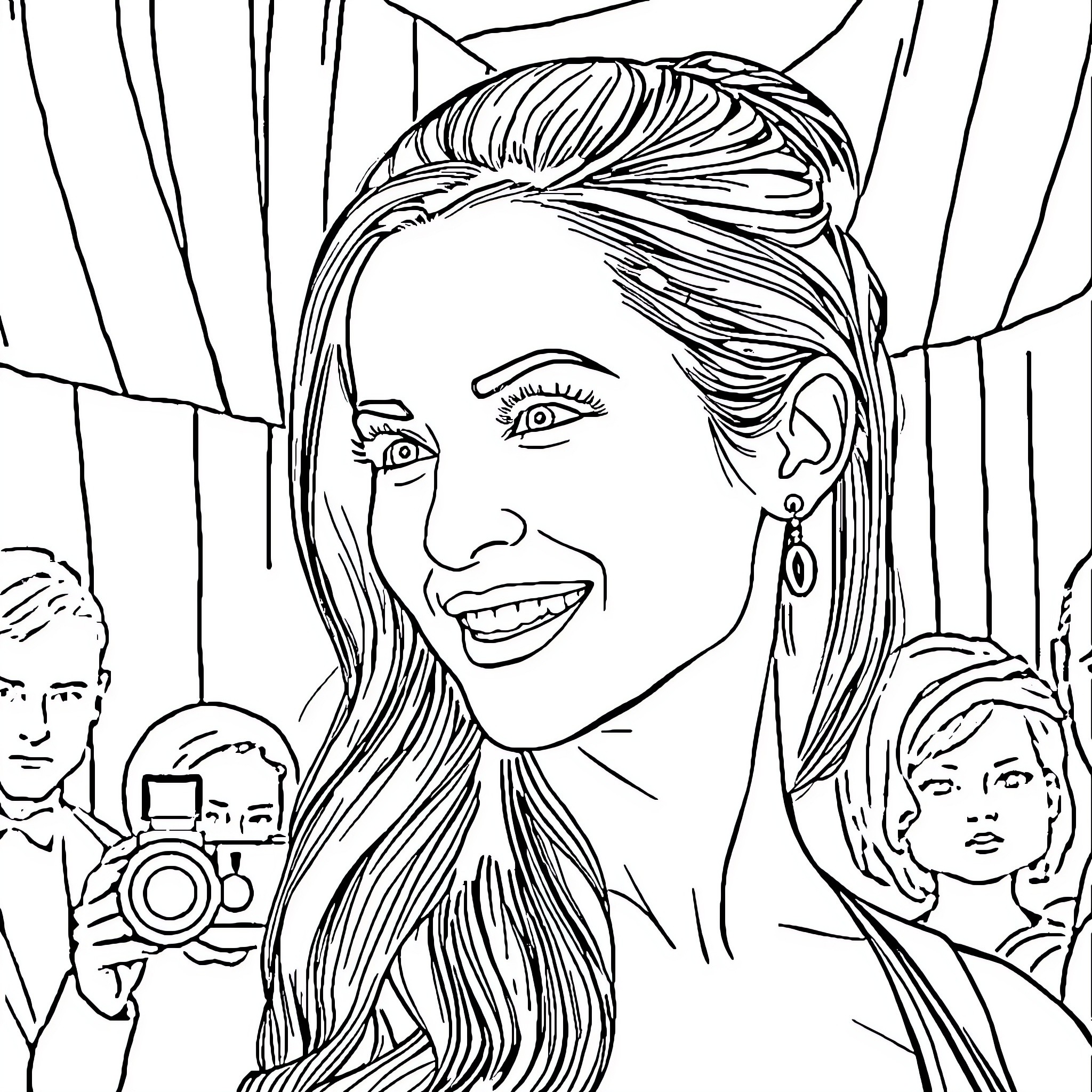 Megan Fox posing confidently with camera and crowd Coloring Page (free black-and-white line drawing printable PDF for all, from beginners to advanced learners, including children, teens, adults, and seniors)