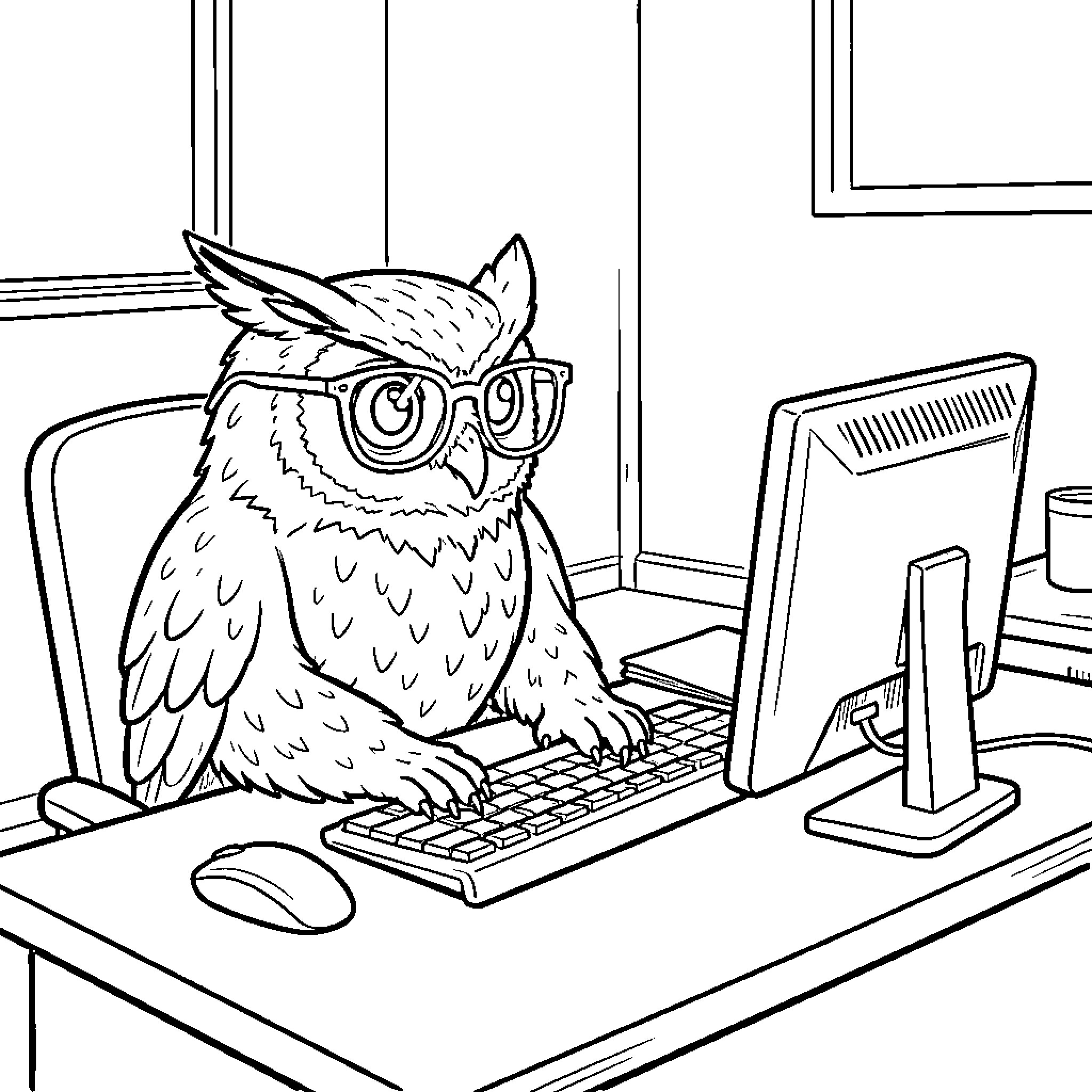 Owl wearing glasses working on a computer Coloring Page (free black-and-white line drawing printable PDF for all, from beginners to advanced learners, including children, teens, adults, and seniors)