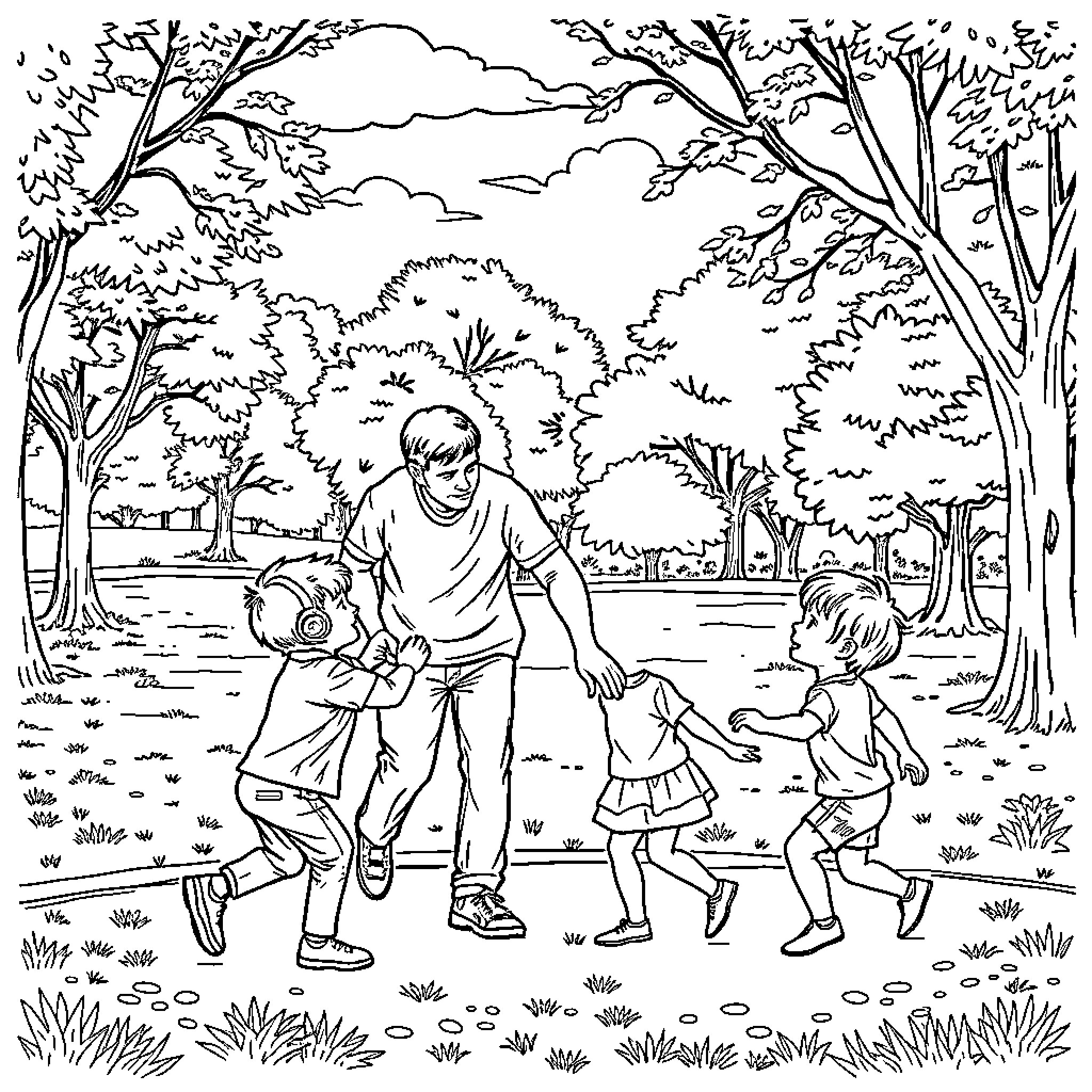 Dad playing with kids in the park Coloring Page (free black-and-white line drawing printable PDF for all, from beginners to advanced learners, including children, teens, adults, and seniors)