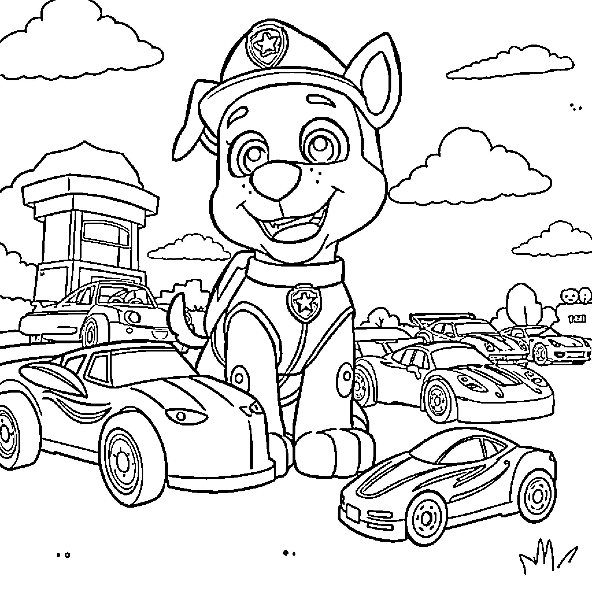Rocky's Paw-some Adventure with Vehicles Coloring Page (free black-and-white line drawing printable PDF for all, from beginners to advanced learners, including children, teens, adults, and seniors)