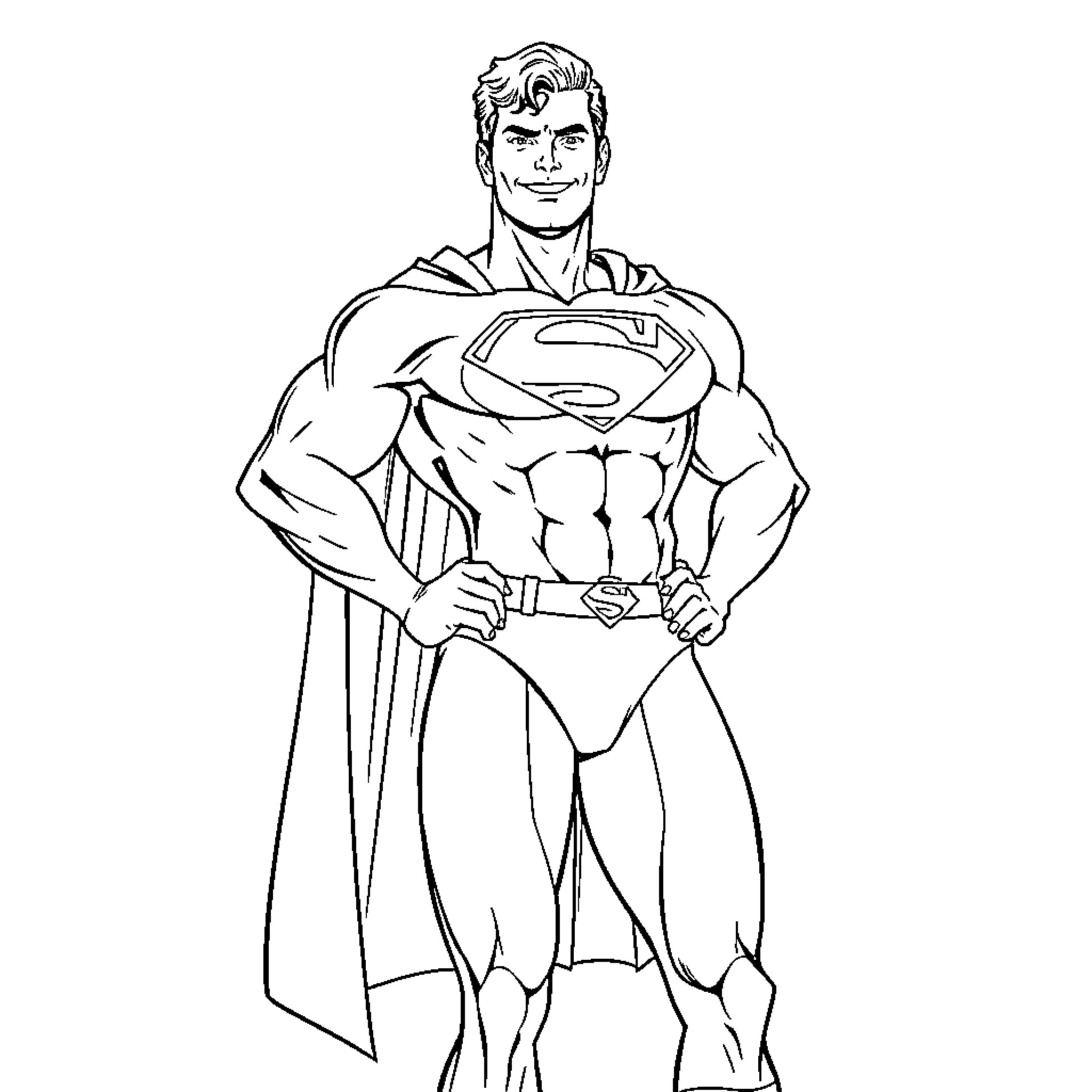 Superman heroically standing with cape Coloring Page (free black-and-white line drawing printable PDF for all, from beginners to advanced learners, including children, teens, adults, and seniors)