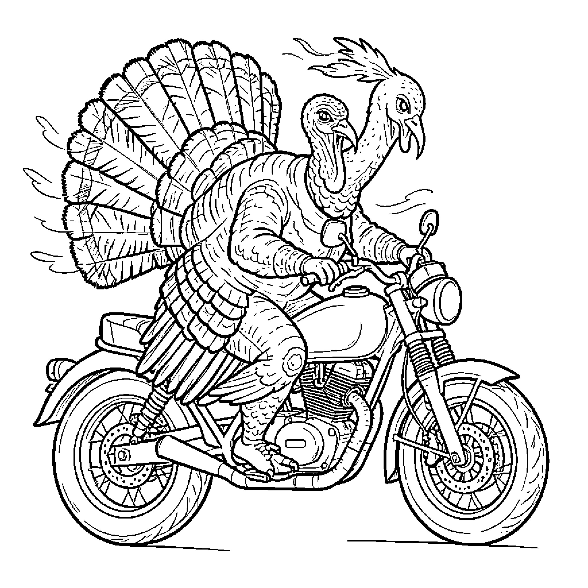 Turkey riding a motorcycle with an excited expression Coloring Page (free black-and-white line drawing printable PDF for all, from beginners to advanced learners, including children, teens, adults, and seniors)