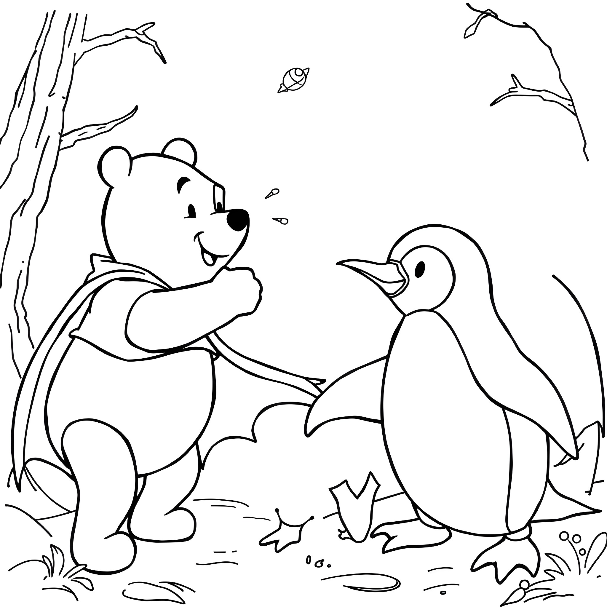 Winnie The Pooh Playing with Penguin in Winter Landscape Coloring Page (free black-and-white line drawing printable PDF for all, from beginners to advanced learners, including children, teens, adults, and seniors)