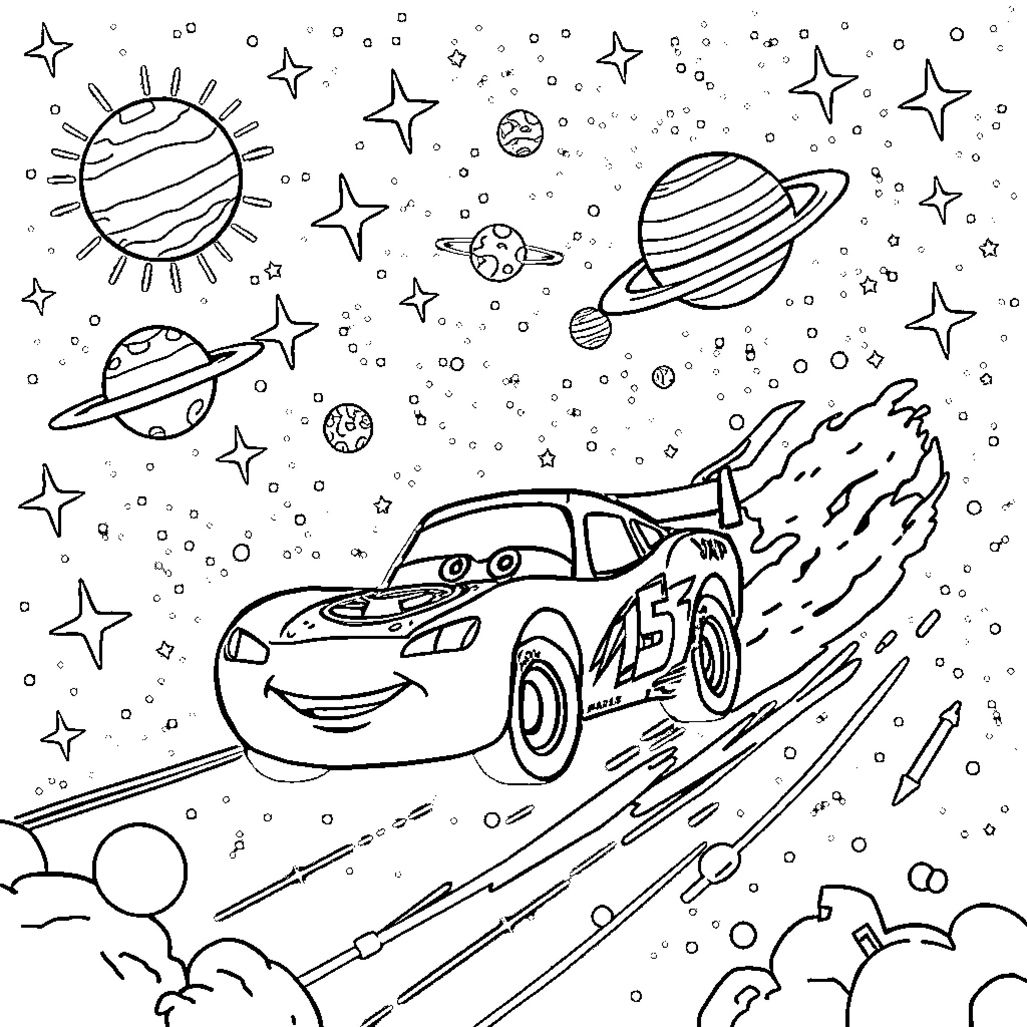 Lightning McQueen's Cosmic Adventure Coloring Page (free black-and-white line drawing printable PDF for all, from beginners to advanced learners, including children, teens, adults, and seniors)
