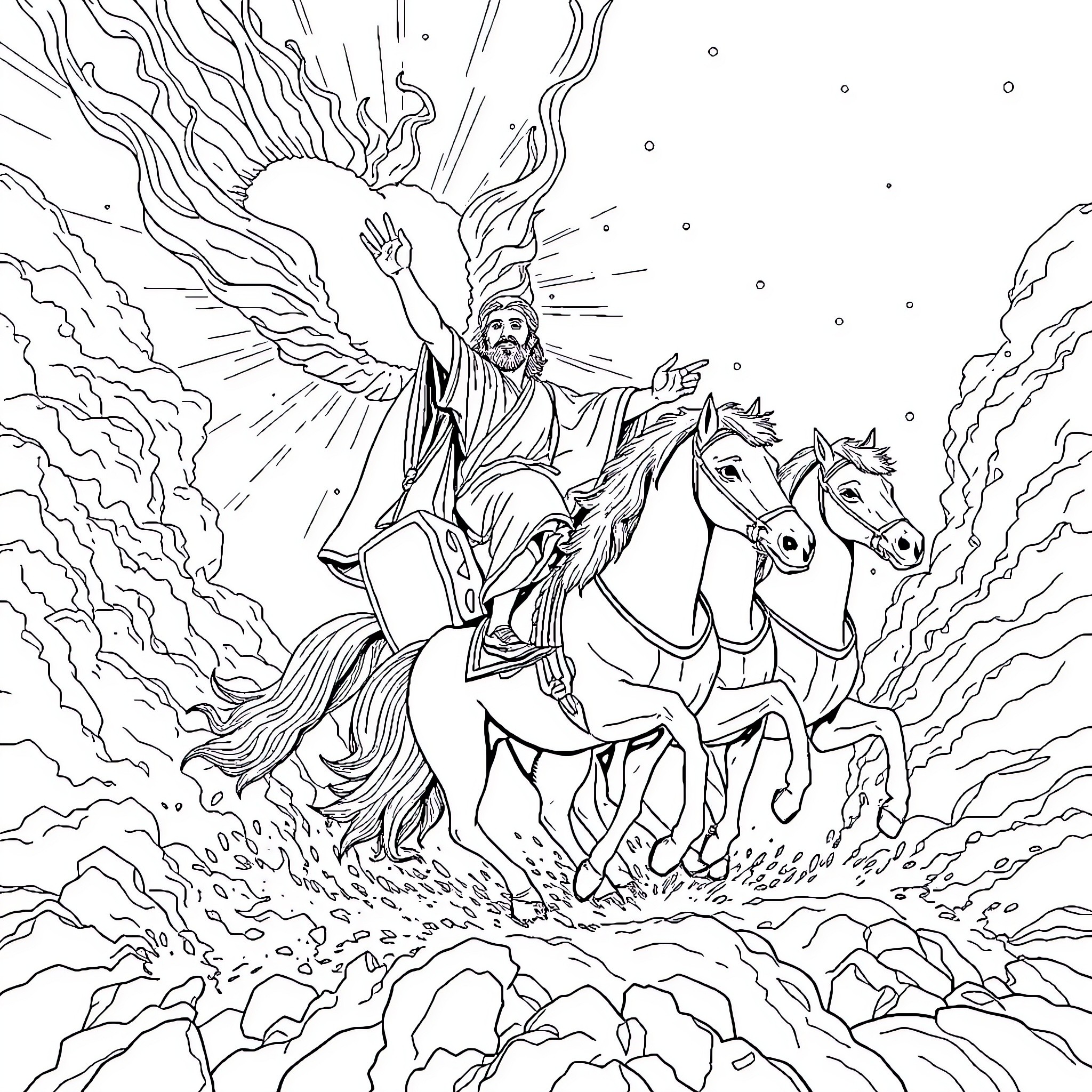 Chariot of a divine figure riding celestial horses Coloring Page (free black-and-white line drawing printable PDF for all, from beginners to advanced learners, including children, teens, adults, and seniors)