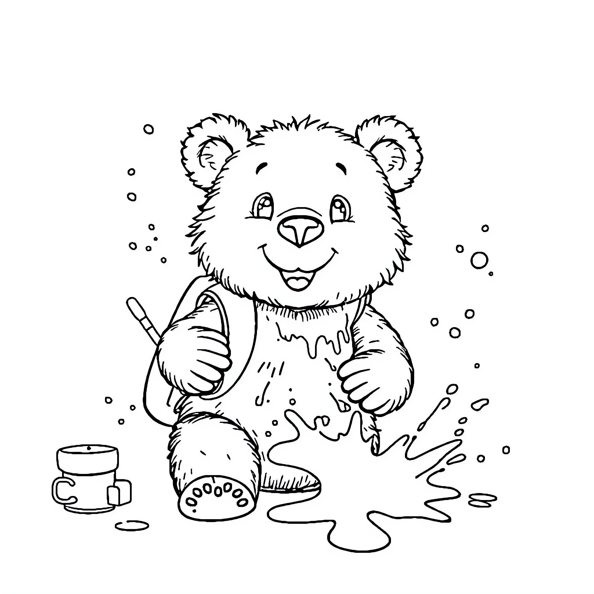 Bear enjoying a snowy day with a cup of hot drink Coloring Page (free black-and-white line drawing printable PDF for all, from beginners to advanced learners, including children, teens, adults, and seniors)