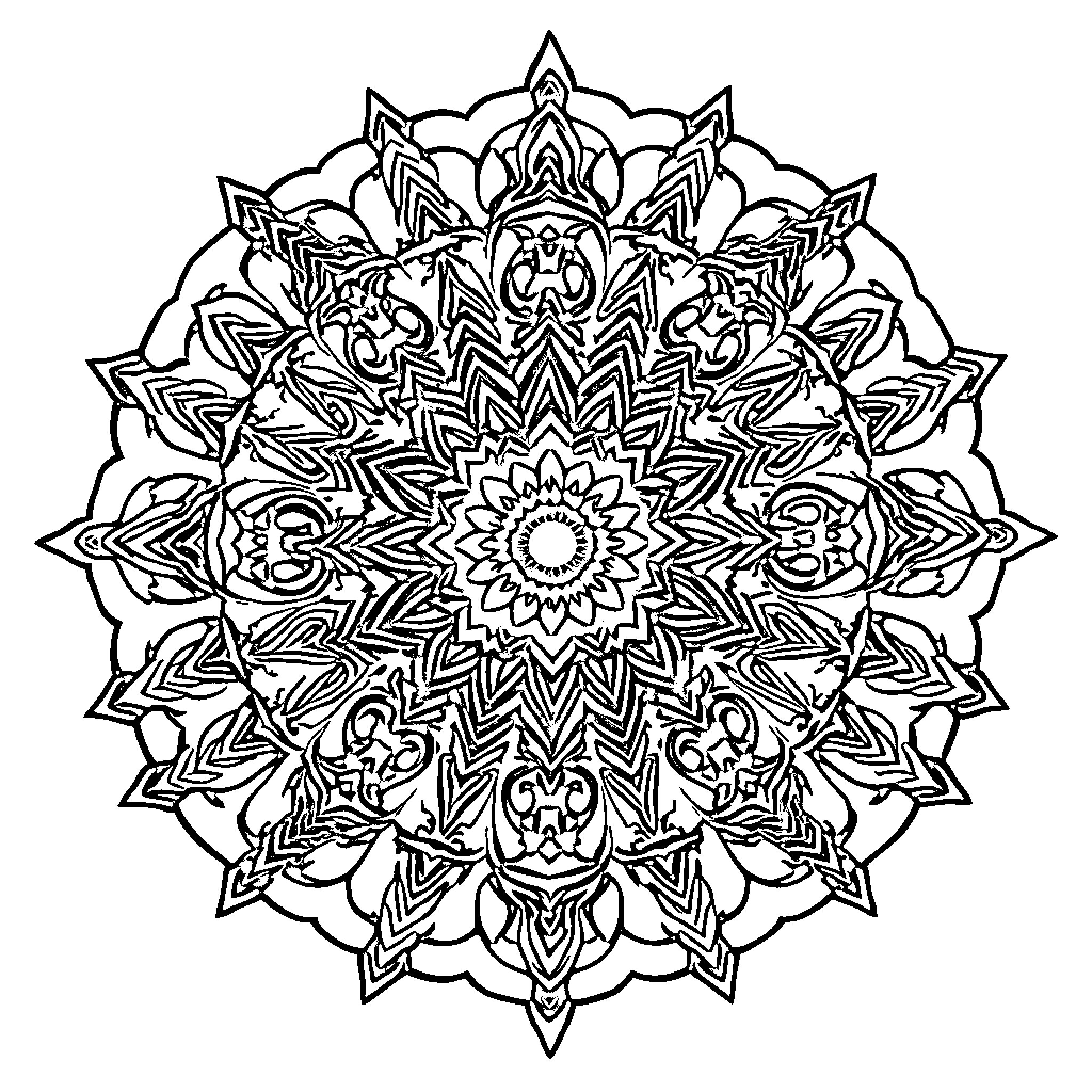 Mandala of intricate geometric patterns Coloring Page (free black-and-white line drawing printable PDF for all, from beginners to advanced learners, including children, teens, adults, and seniors)