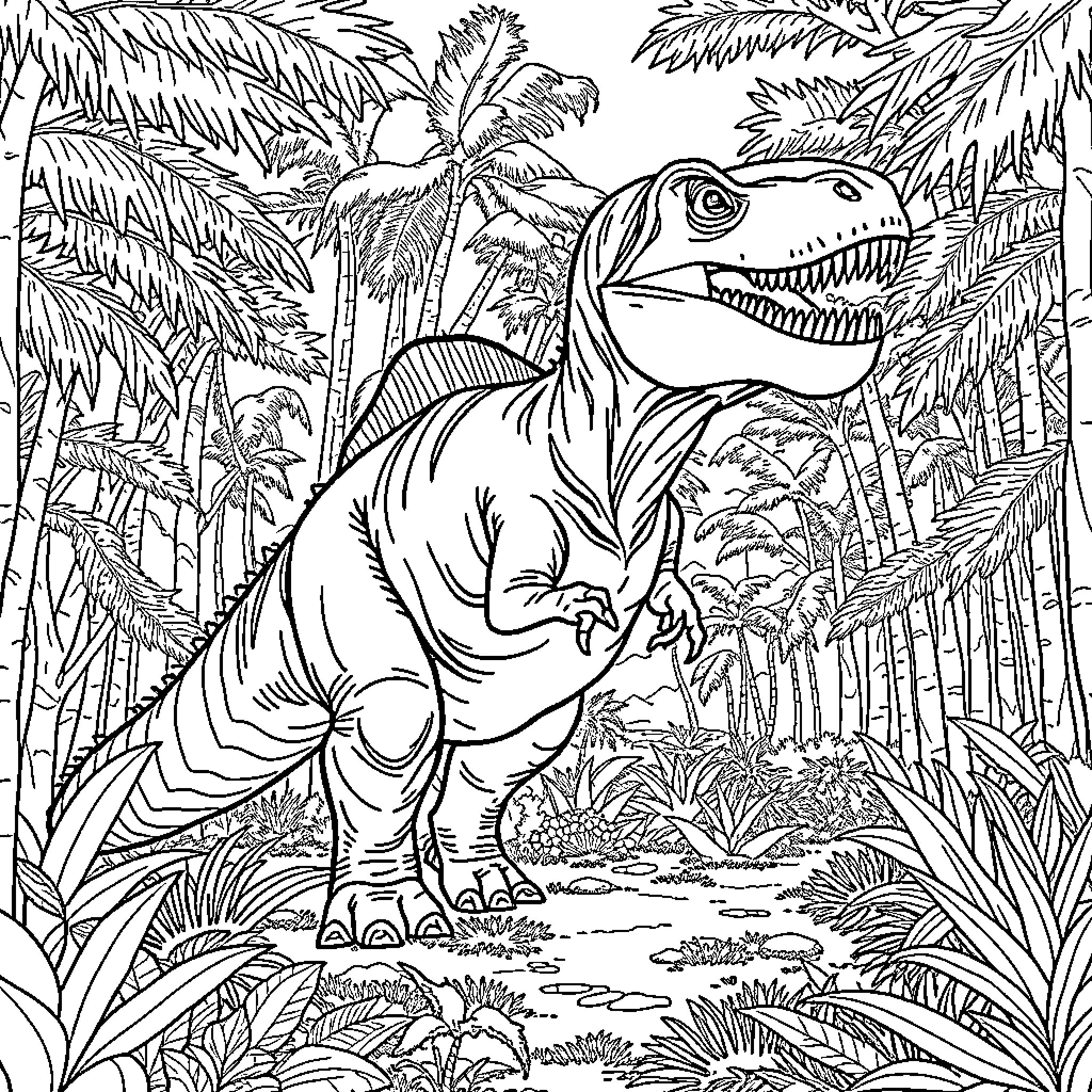 Dinosaur in Lush Prehistoric Jungle Landscape Coloring Page (free black-and-white line drawing printable PDF for all, from beginners to advanced learners, including children, teens, adults, and seniors)
