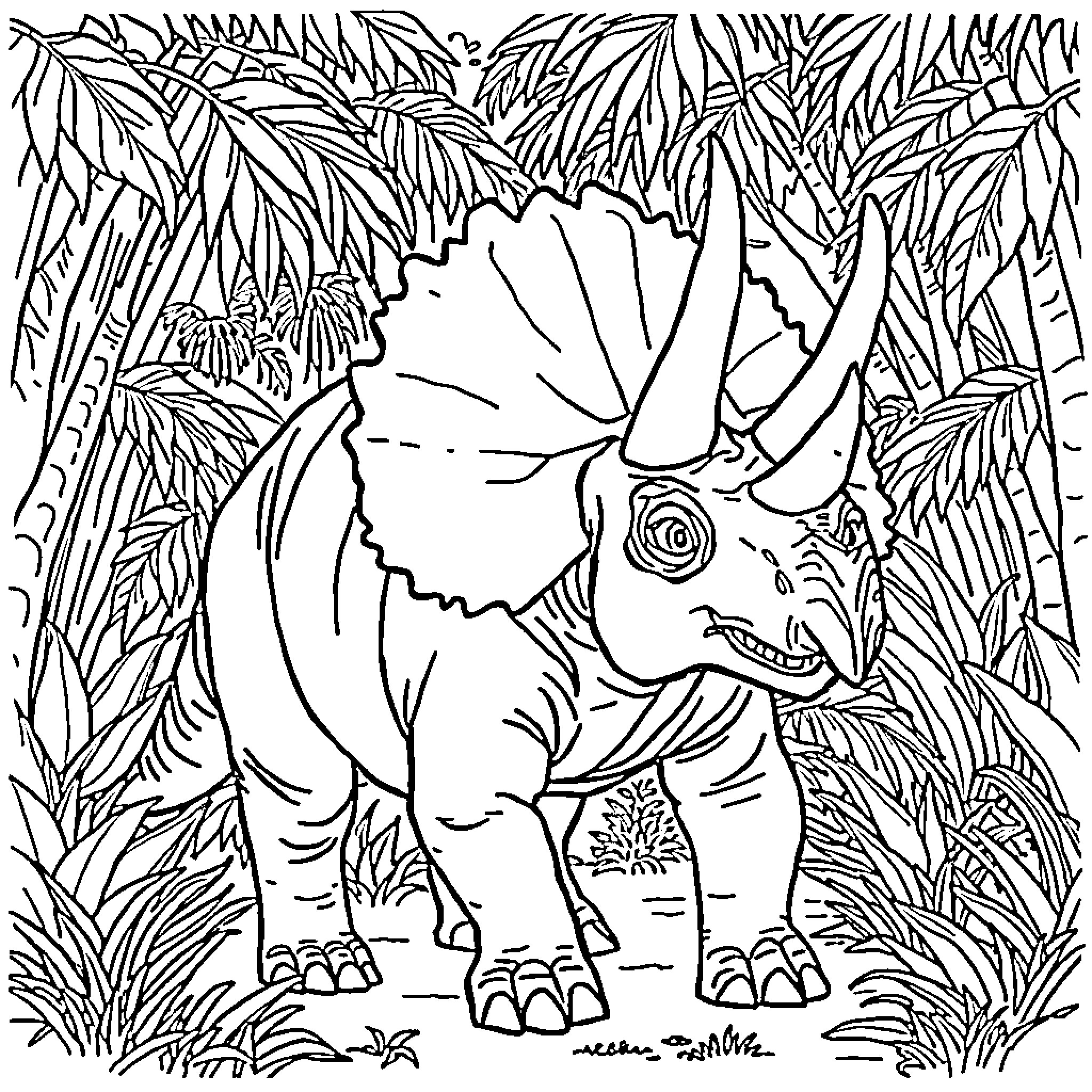 Triceratops exploring the prehistoric jungle Coloring Page (free black-and-white line drawing printable PDF for all, from beginners to advanced learners, including children, teens, adults, and seniors)
