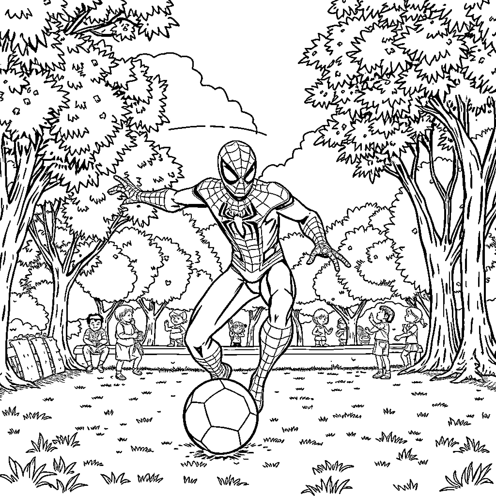 Spiderman playing with soccer ball in park Coloring Page (free black-and-white line drawing printable PDF for all, from beginners to advanced learners, including children, teens, adults, and seniors)