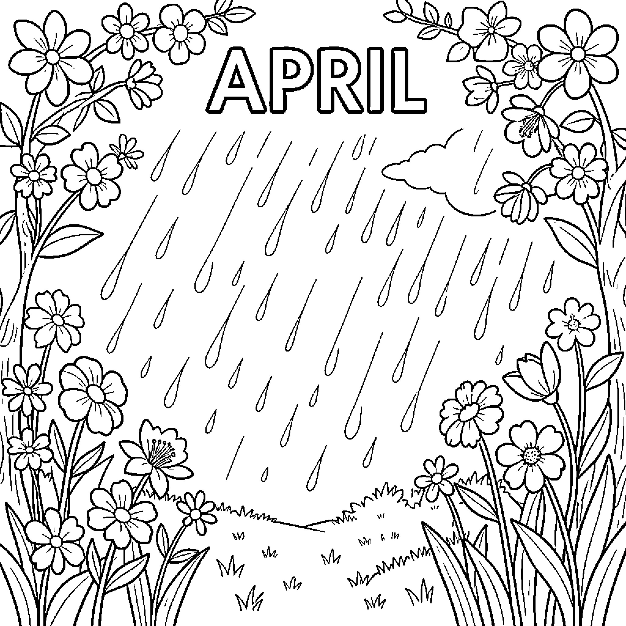 April floral scene with rainy weather Coloring Page (free black-and-white line drawing printable PDF for all, from beginners to advanced learners, including children, teens, adults, and seniors)