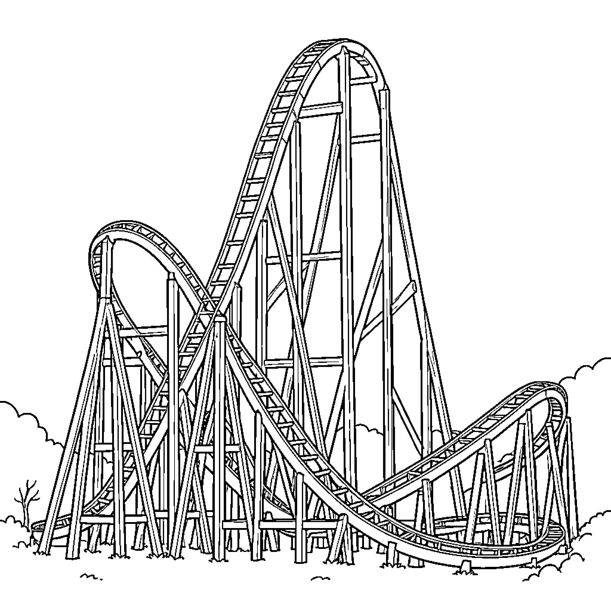 Rollercoaster with twists, turns, and thrilling excitement Coloring Page (free black-and-white line drawing printable PDF for all, from beginners to advanced learners, including children, teens, adults, and seniors)