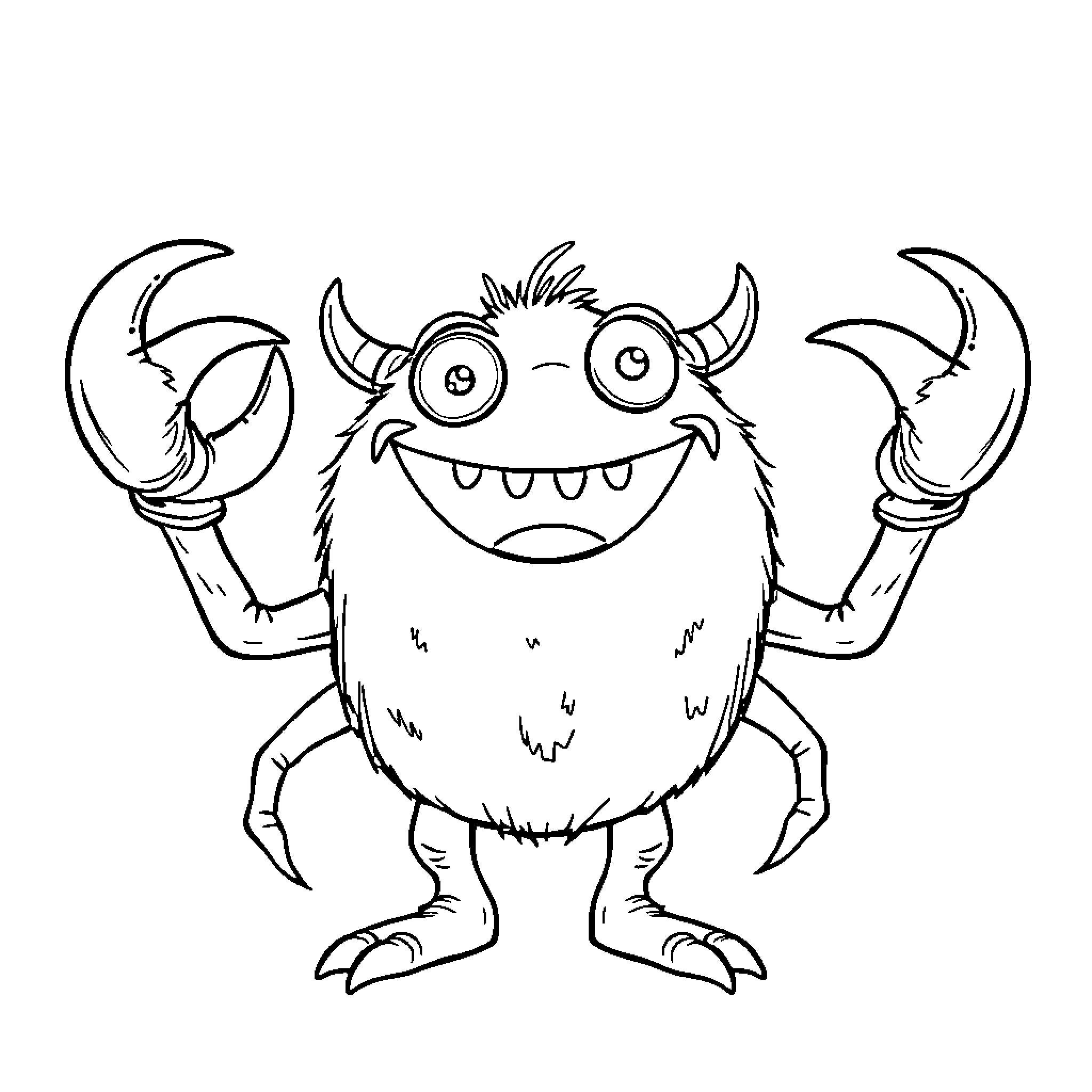 Monster celebrating with outstretched arms Coloring Page (free black-and-white line drawing printable PDF for all, from beginners to advanced learners, including children, teens, adults, and seniors)
