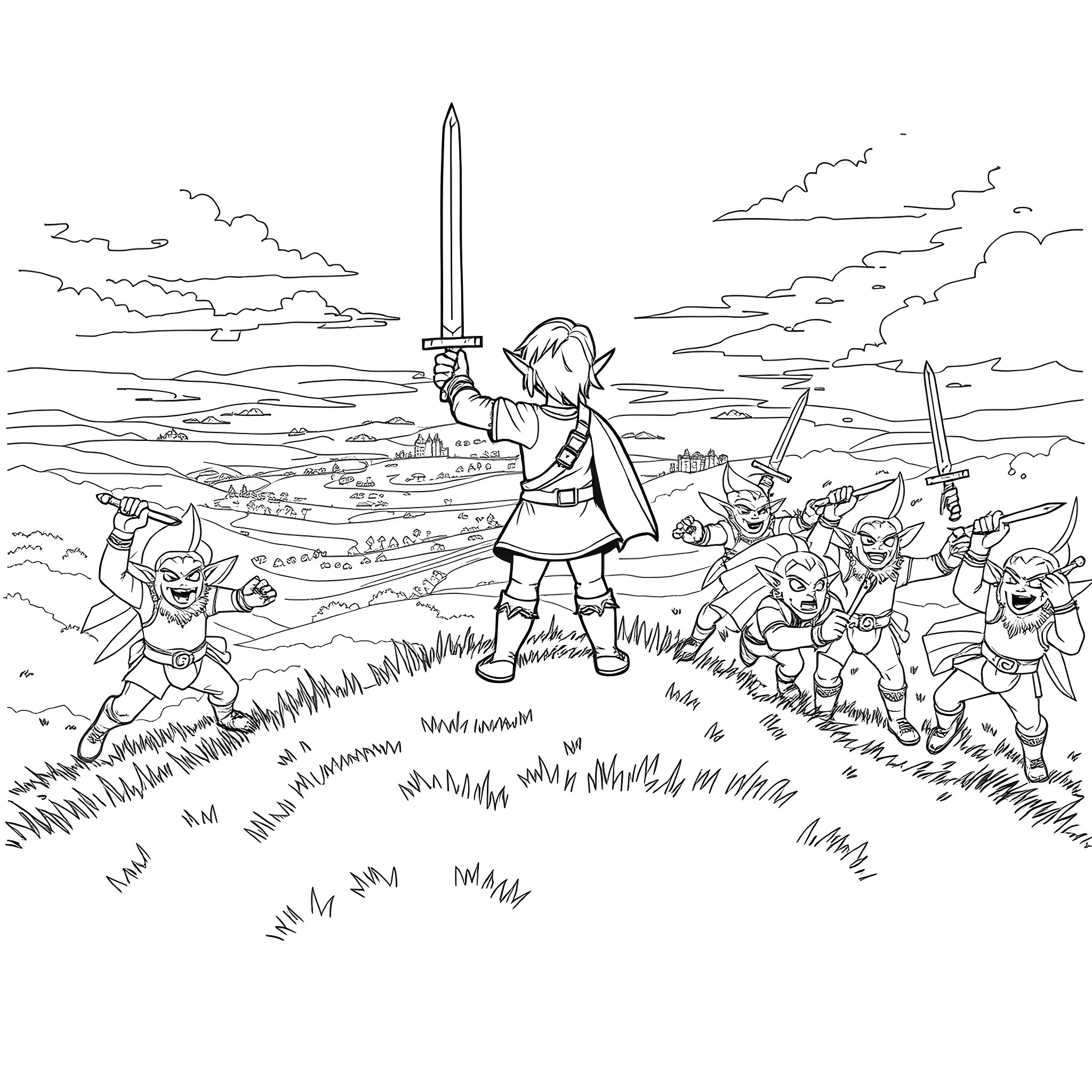 Link leading the fight against monsters in the countryside Coloring Page (free black-and-white line drawing printable PDF for all, from beginners to advanced learners, including children, teens, adults, and seniors)