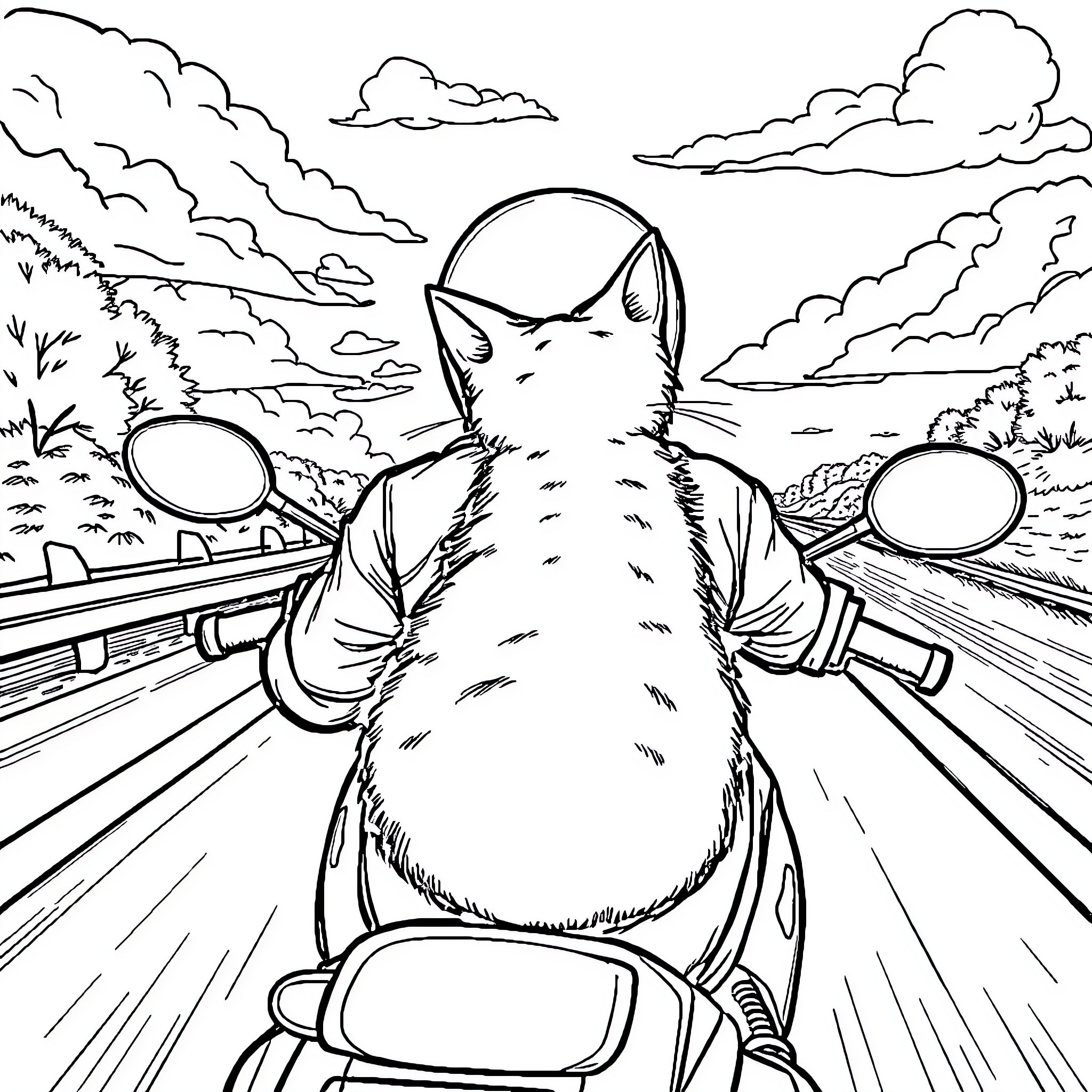 Cat riding motorcycle on road through countryside Coloring Page (free black-and-white line drawing printable PDF for all, from beginners to advanced learners, including children, teens, adults, and seniors)