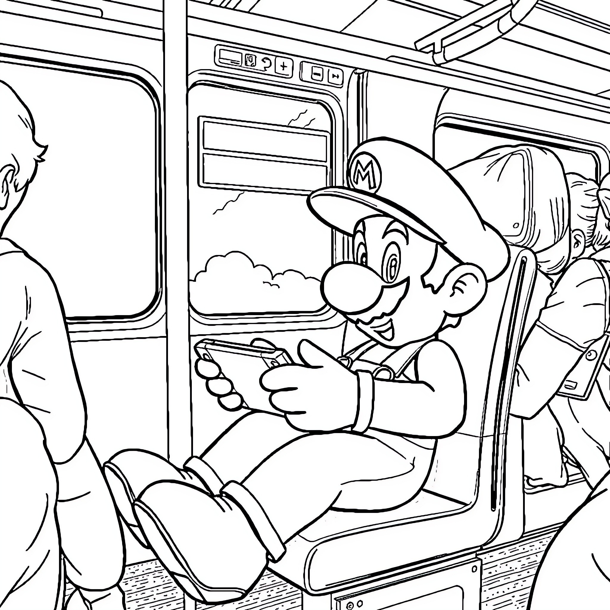 Mario's Adventure on the Train Coloring Page (free black-and-white line drawing printable PDF for all, from beginners to advanced learners, including children, teens, adults, and seniors)