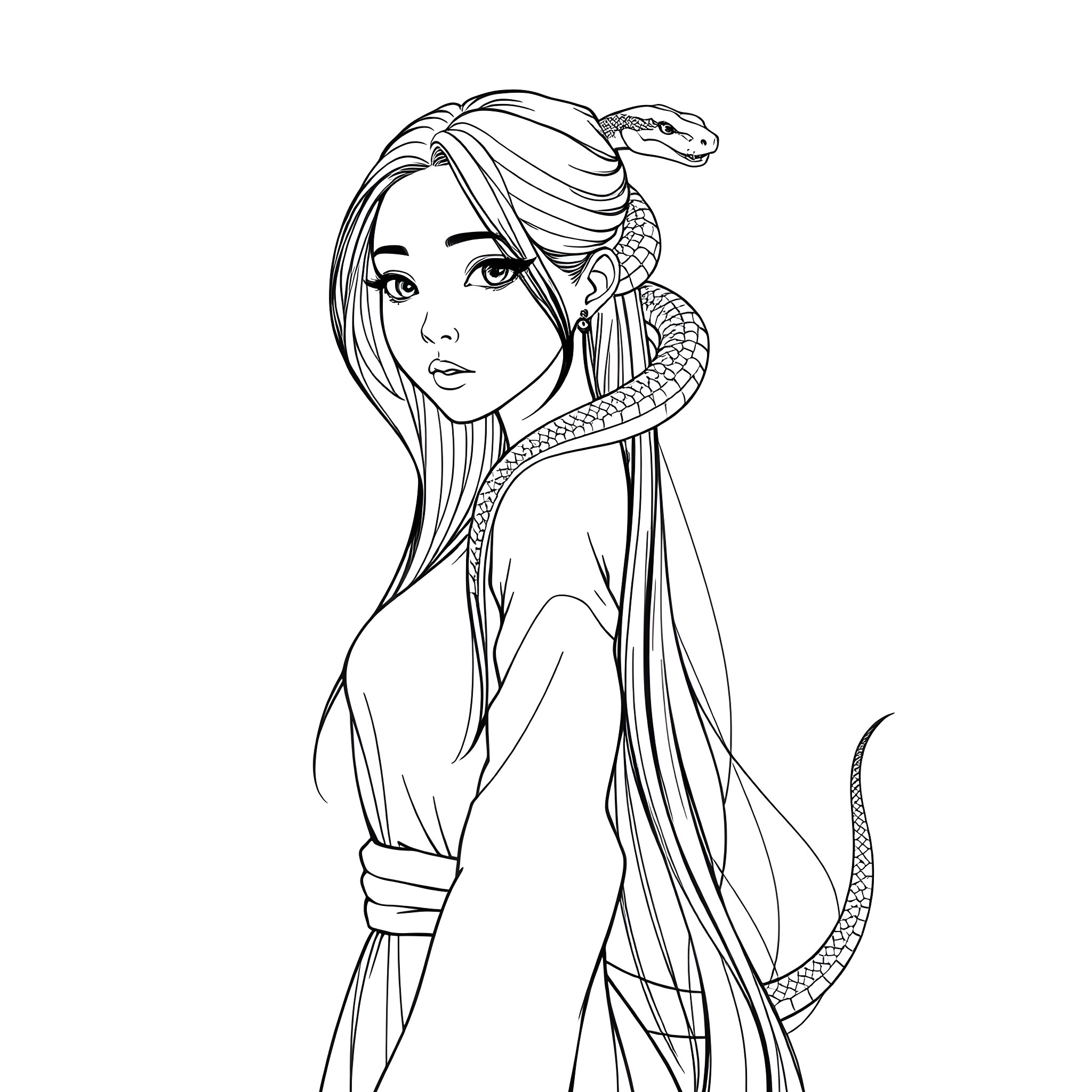 Woman with snake companion in elegant attire Coloring Page (free black-and-white line drawing printable PDF for all, from beginners to advanced learners, including children, teens, adults, and seniors)
