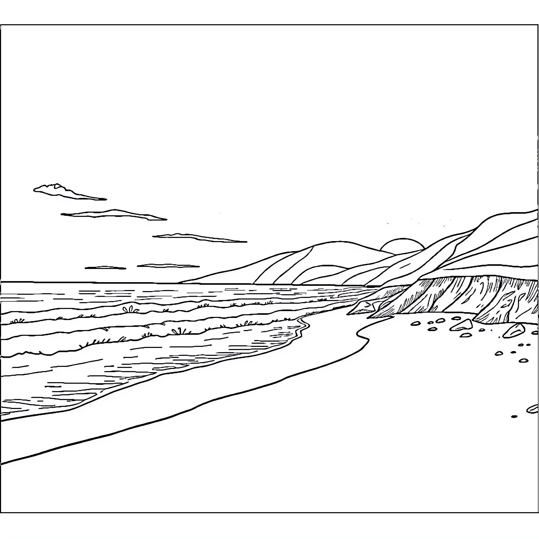 Beach scenery with mountains and shoreline Coloring Page (free black-and-white line drawing printable PDF for all, from beginners to advanced learners, including children, teens, adults, and seniors)