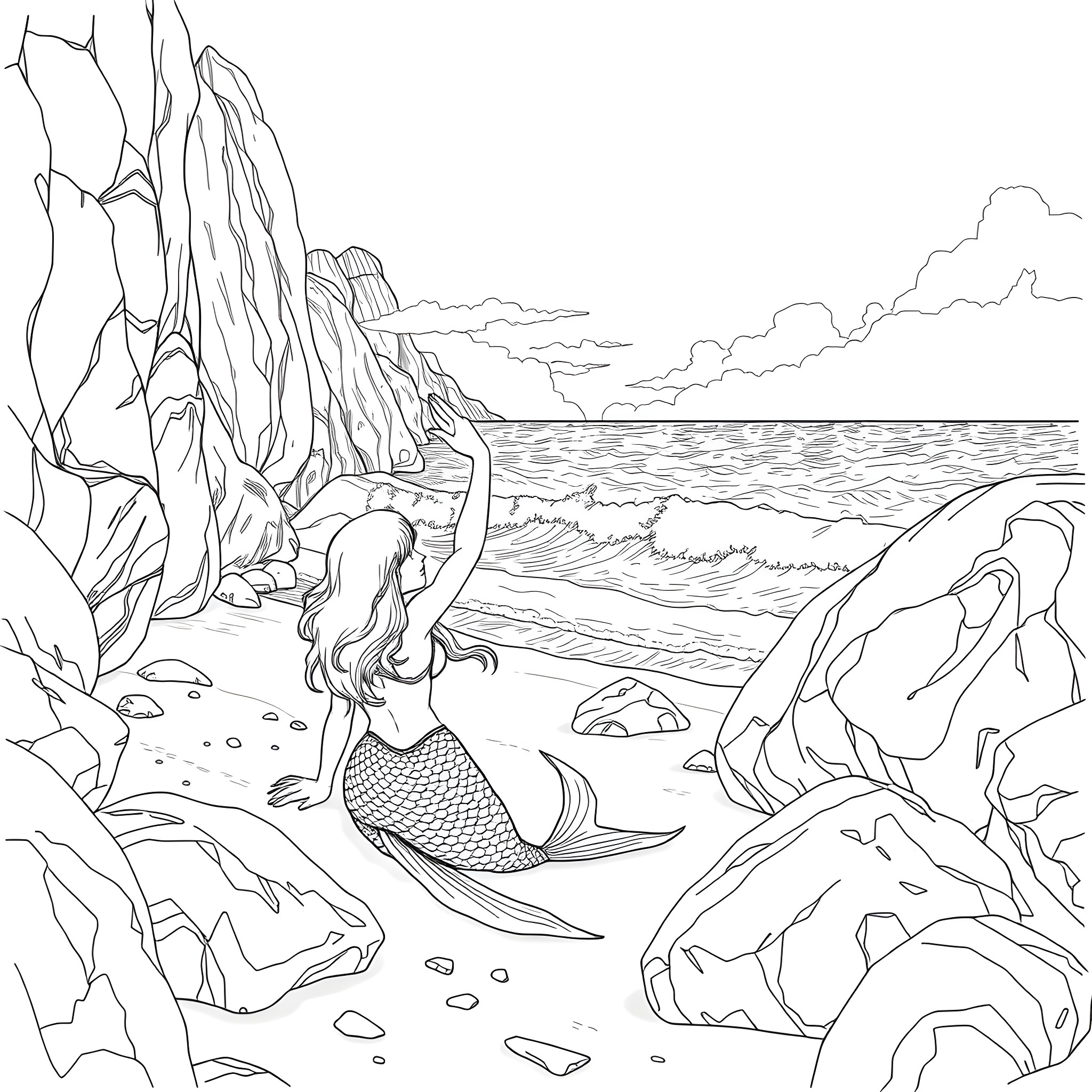 Mermaid resting on the rocky shore by the sea Coloring Page (free black-and-white line drawing printable PDF for all, from beginners to advanced learners, including children, teens, adults, and seniors)