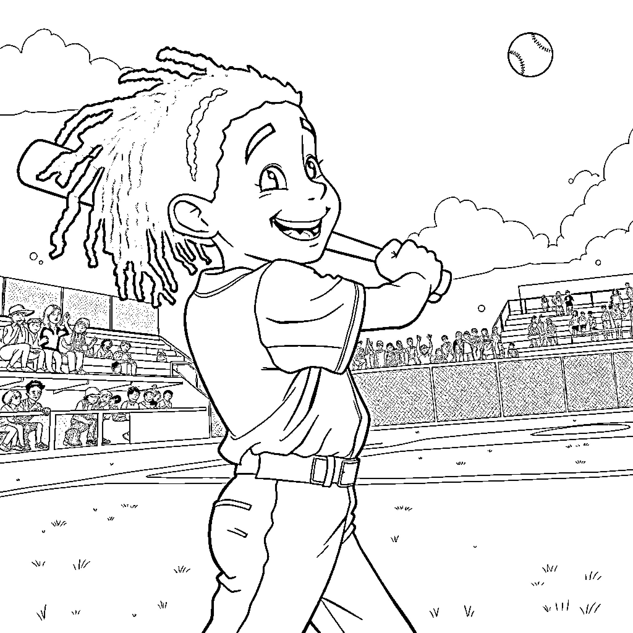 Baseball player hitting a ball on the field Coloring Page (free black-and-white line drawing printable PDF for all, from beginners to advanced learners, including children, teens, adults, and seniors)