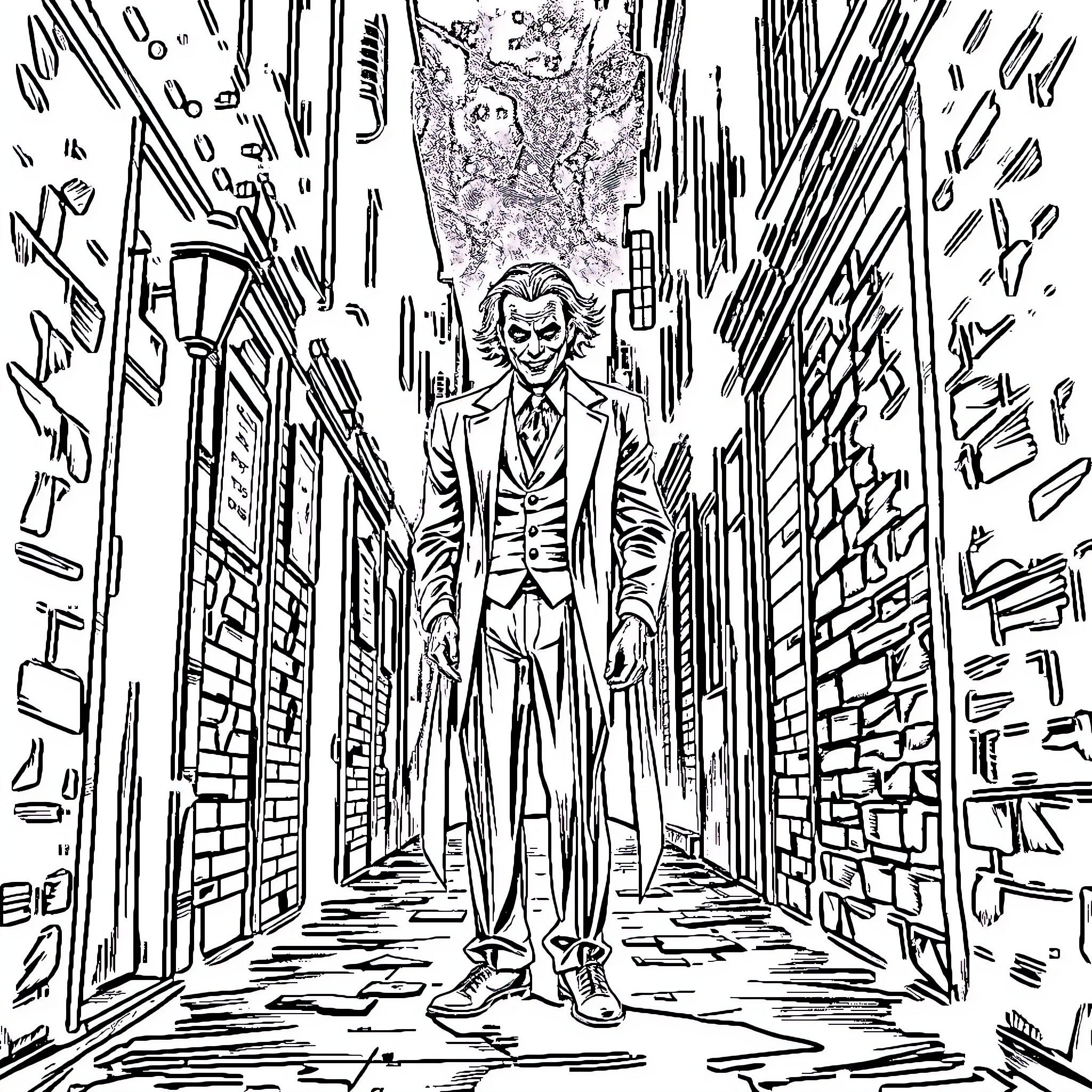 Joker walking confidently through an alleyway Coloring Page (free black-and-white line drawing printable PDF for all, from beginners to advanced learners, including children, teens, adults, and seniors)