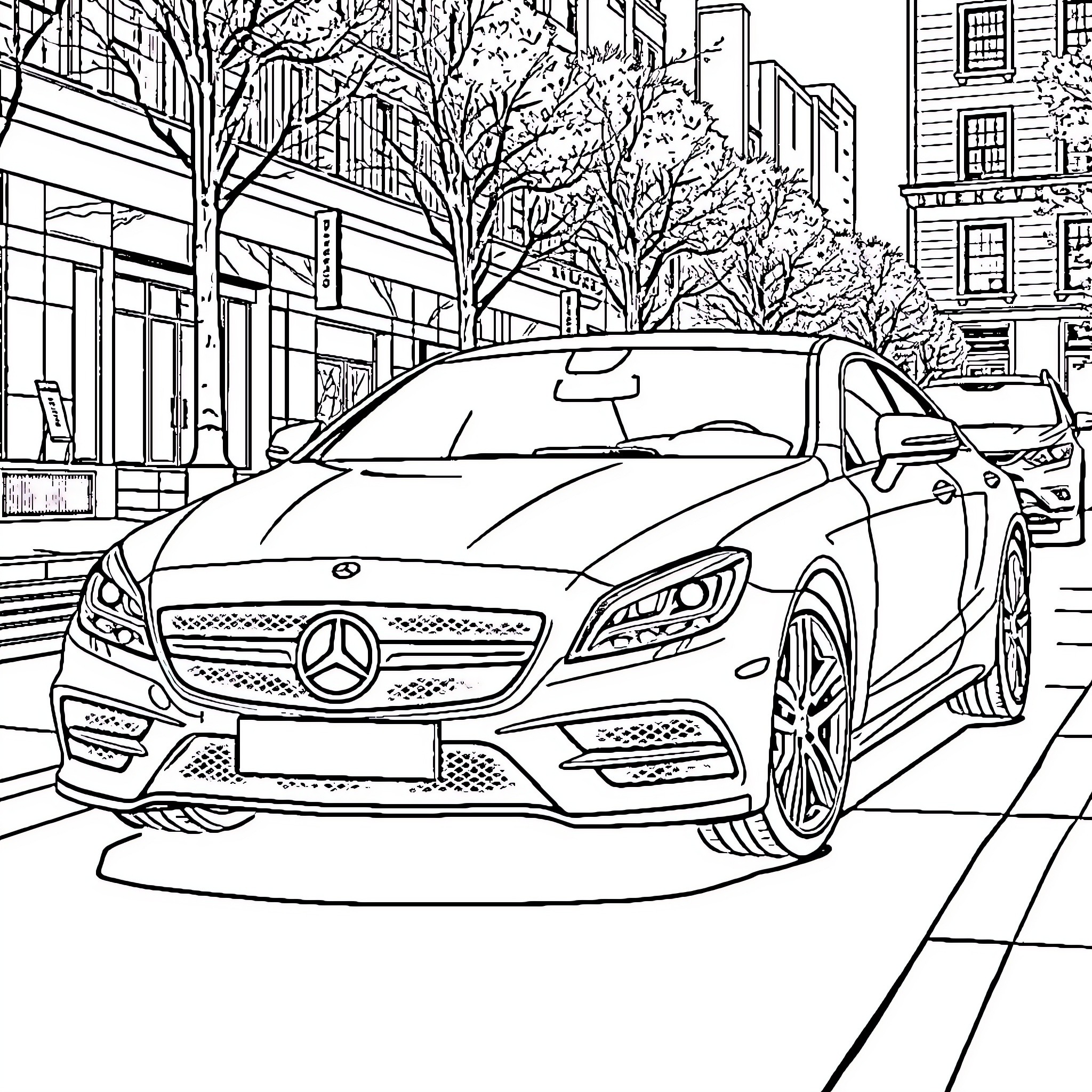 Mercedes Luxury Coupe on Urban City Street Coloring Page (free black-and-white line drawing printable PDF for all, from beginners to advanced learners, including children, teens, adults, and seniors)