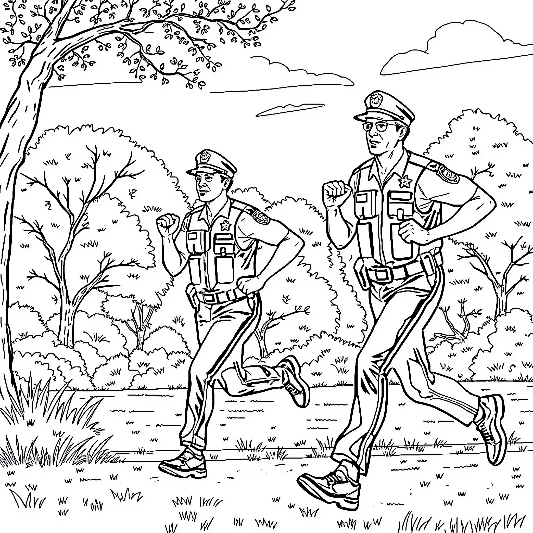 Police officers patrolling the scenic outdoors Coloring Page (free black-and-white line drawing printable PDF for all, from beginners to advanced learners, including children, teens, adults, and seniors)