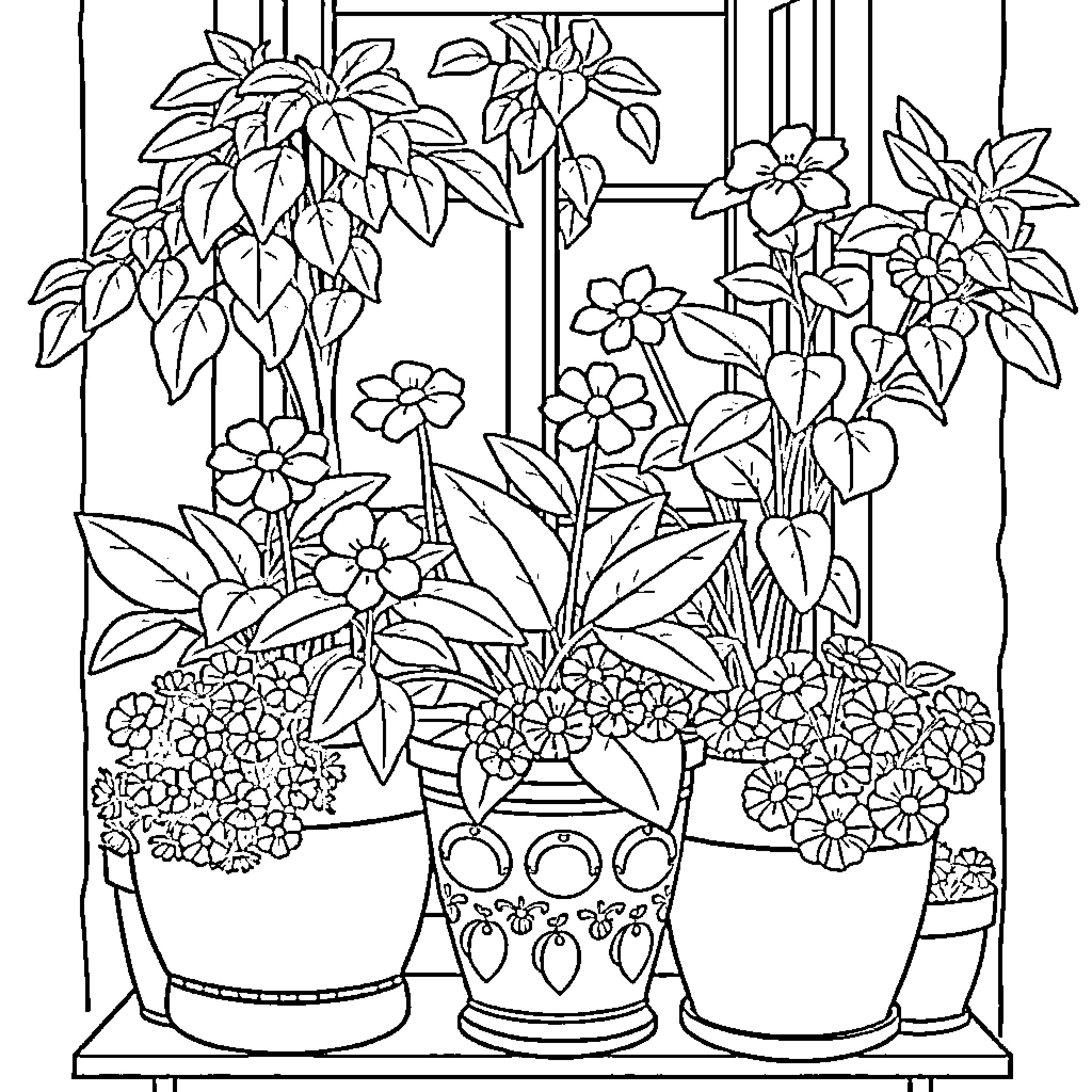 Plant Potted Flowers Decorating Cozy Interior Coloring Page (free black-and-white line drawing printable PDF for all, from beginners to advanced learners, including children, teens, adults, and seniors)