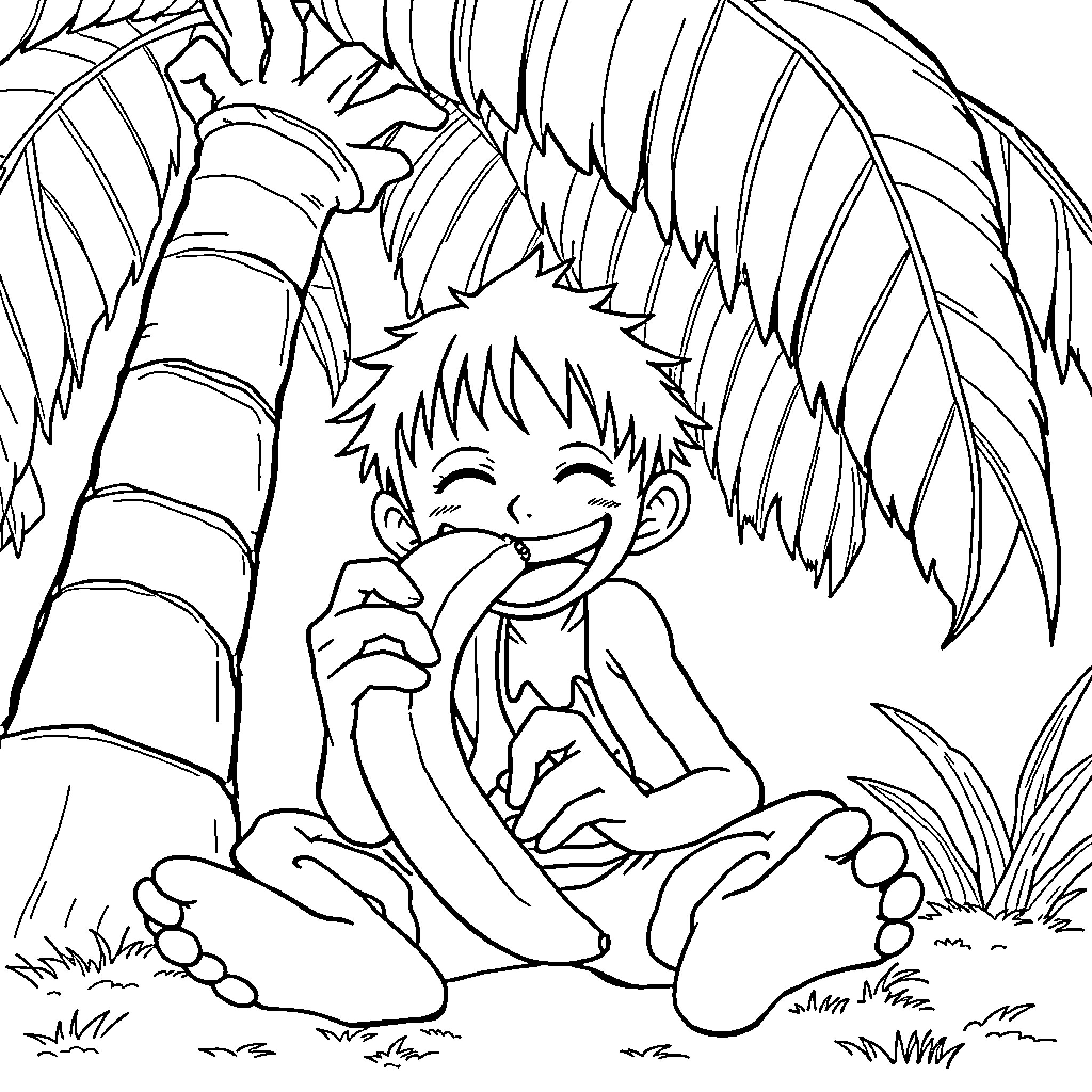 Monkey happily resting under palm tree Coloring Page (free black-and-white line drawing printable PDF for all, from beginners to advanced learners, including children, teens, adults, and seniors)