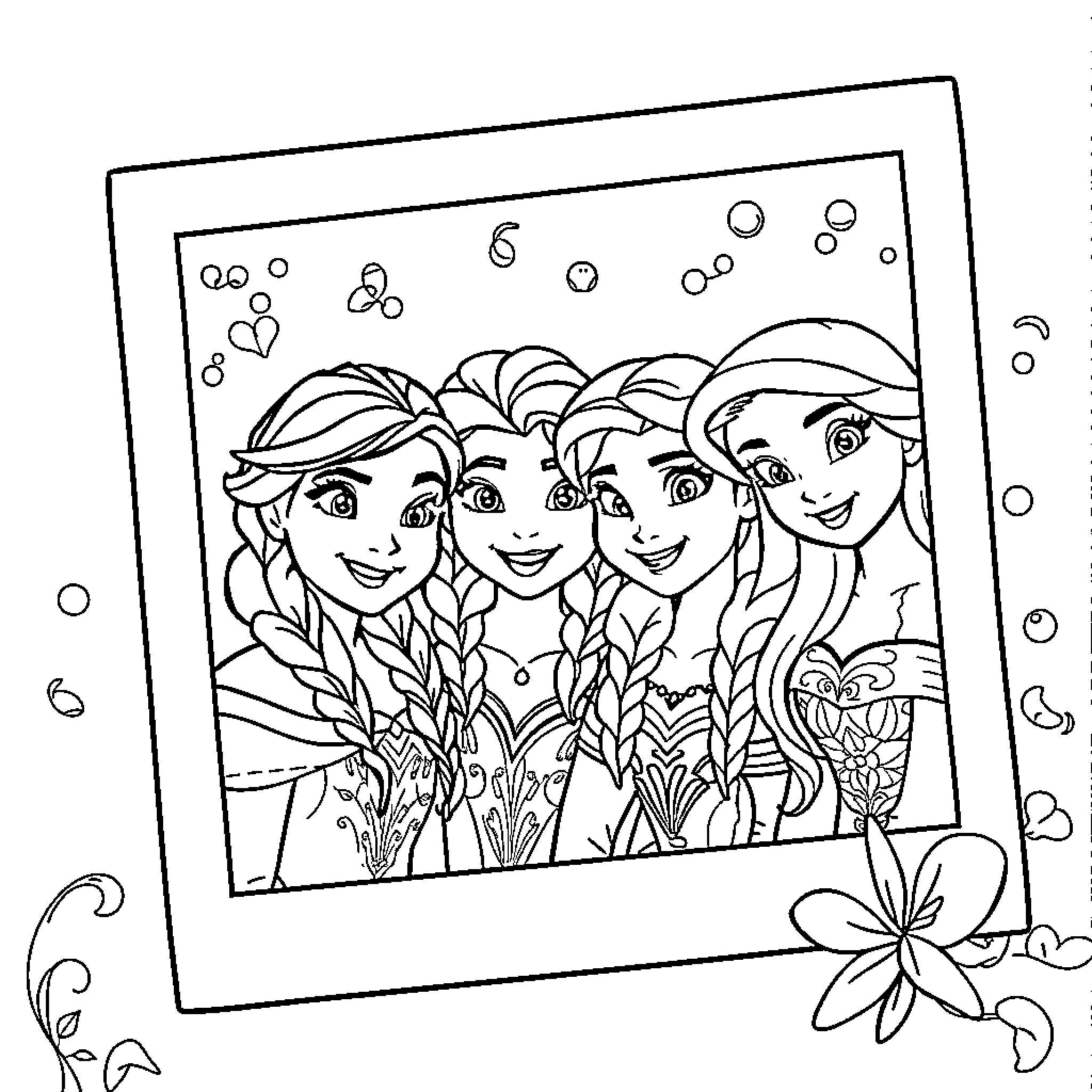 Princess friends gather happily in the meadow Coloring Page (free black-and-white line drawing printable PDF for all, from beginners to advanced learners, including children, teens, adults, and seniors)