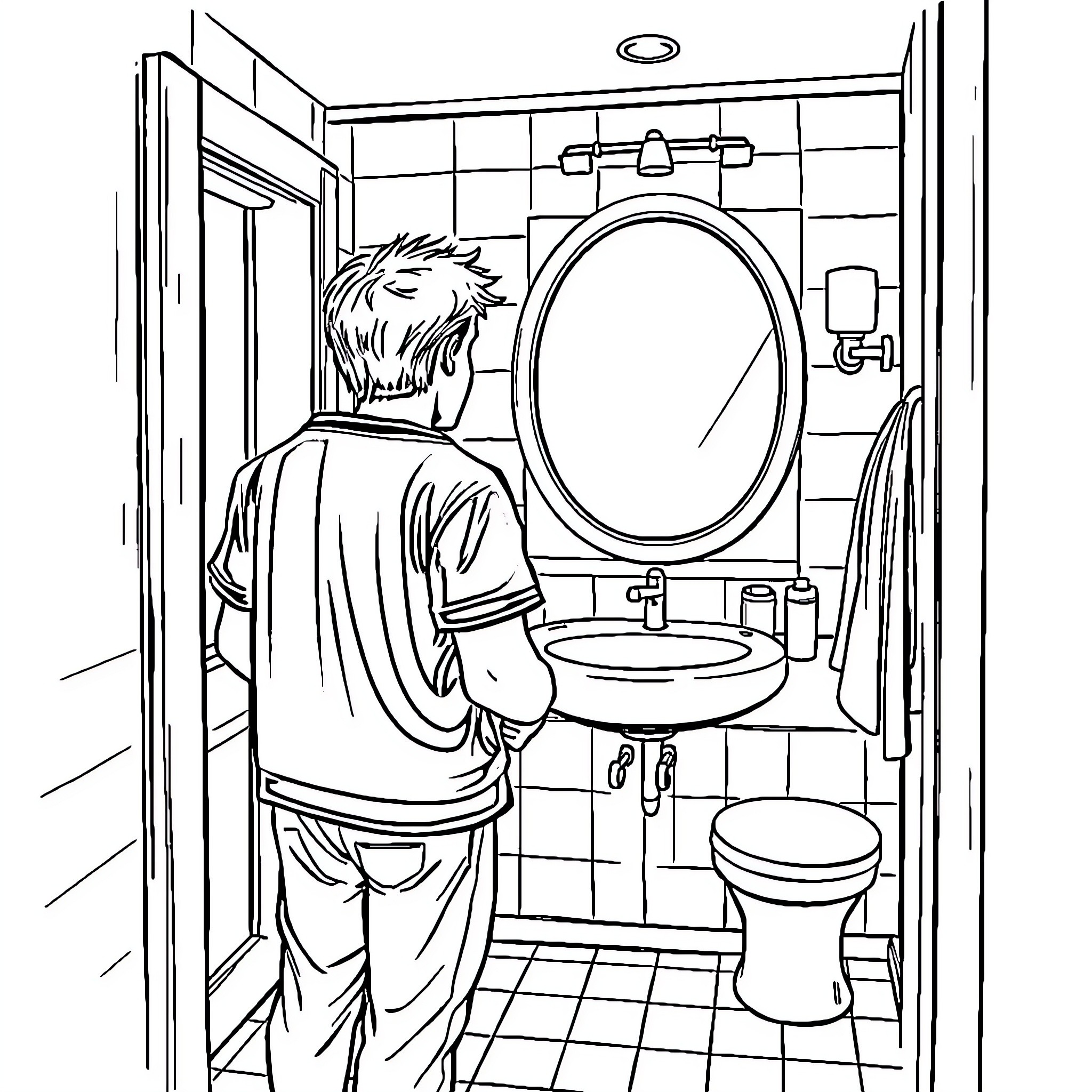 Aaron Warner in bathroom, examining reflection Coloring Page (free black-and-white line drawing printable PDF for all, from beginners to advanced learners, including children, teens, adults, and seniors)