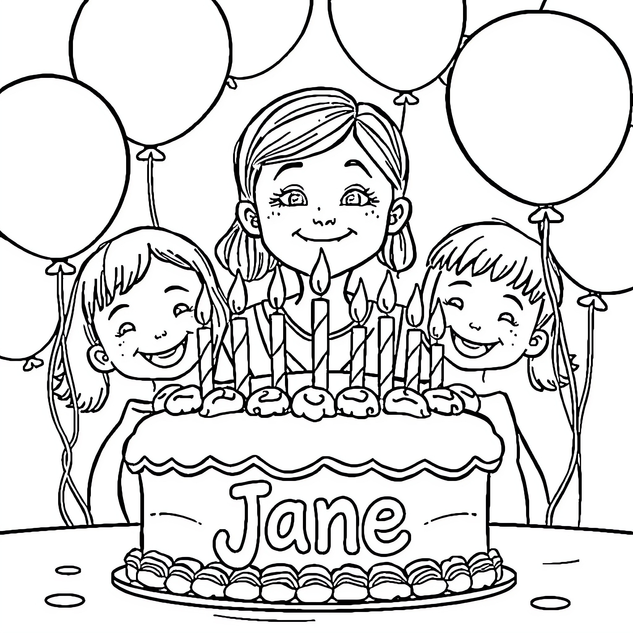 Birthday Cake with Smiling Children and Balloons Coloring Page (free black-and-white line drawing printable PDF for all, from beginners to advanced learners, including children, teens, adults, and seniors)