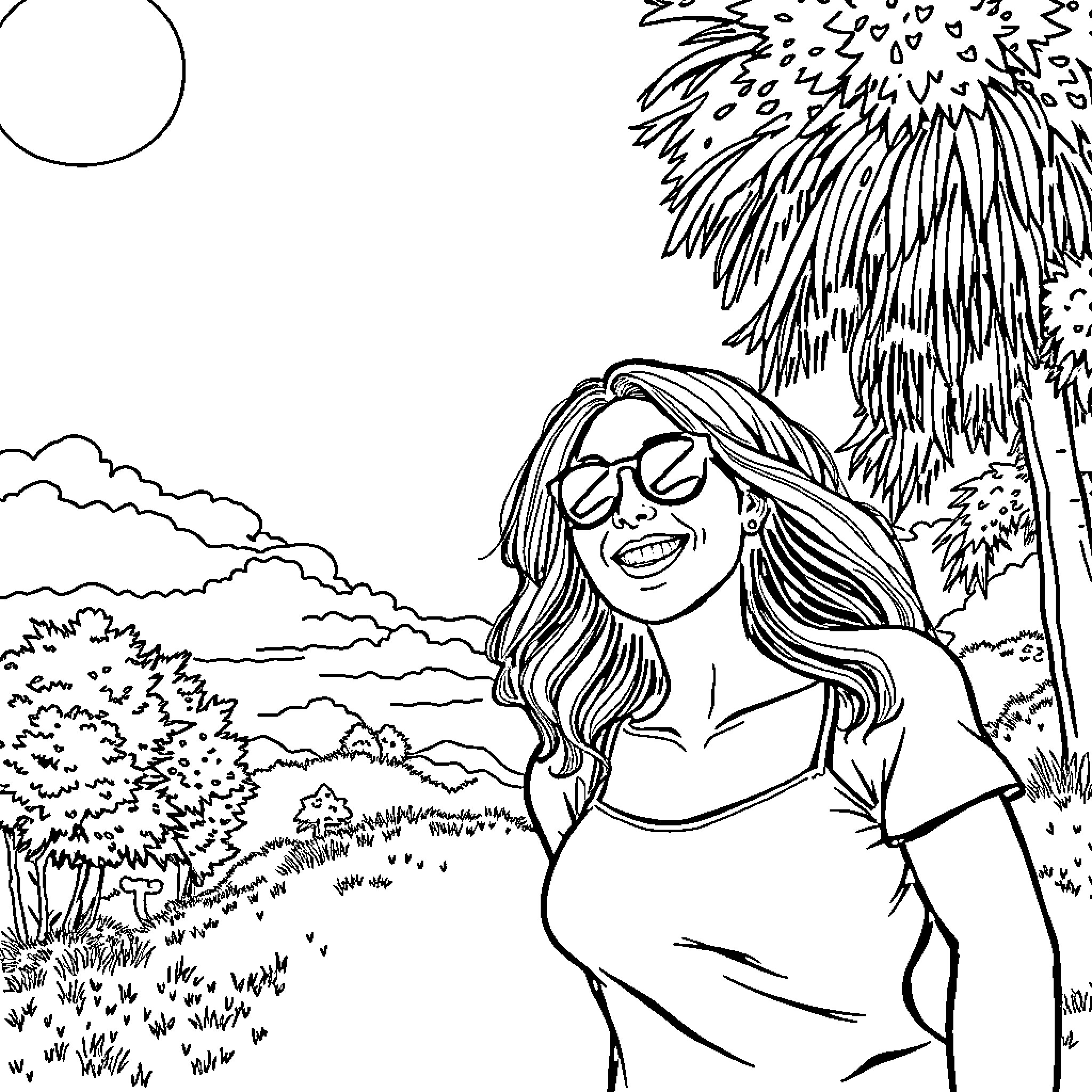 Couple enjoying scenic tropical landscape Coloring Page (free black-and-white line drawing printable PDF for all, from beginners to advanced learners, including children, teens, adults, and seniors)