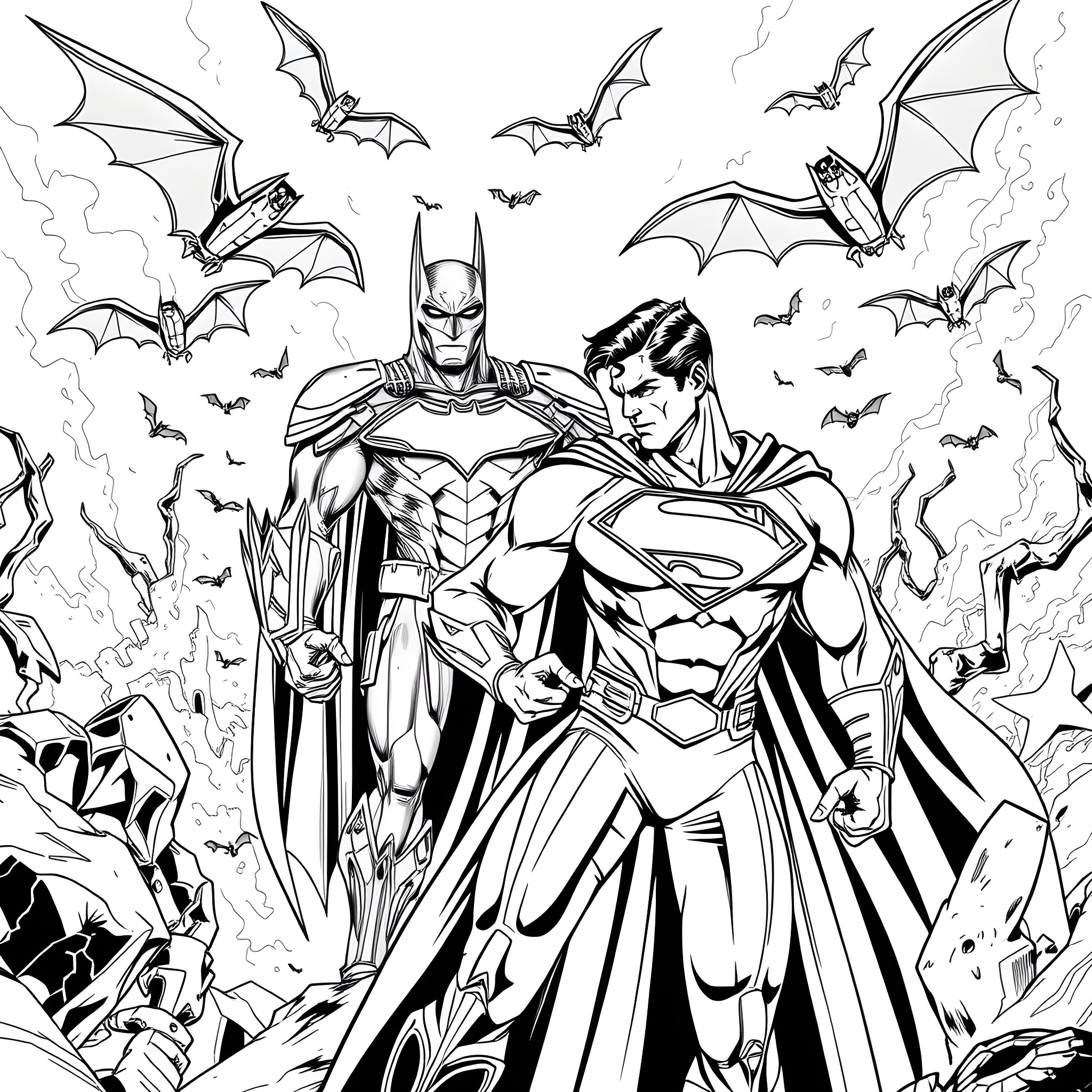 Superman and Batman facing Villains in Storm Coloring Page (free black-and-white line drawing printable PDF for all, from beginners to advanced learners, including children, teens, adults, and seniors)