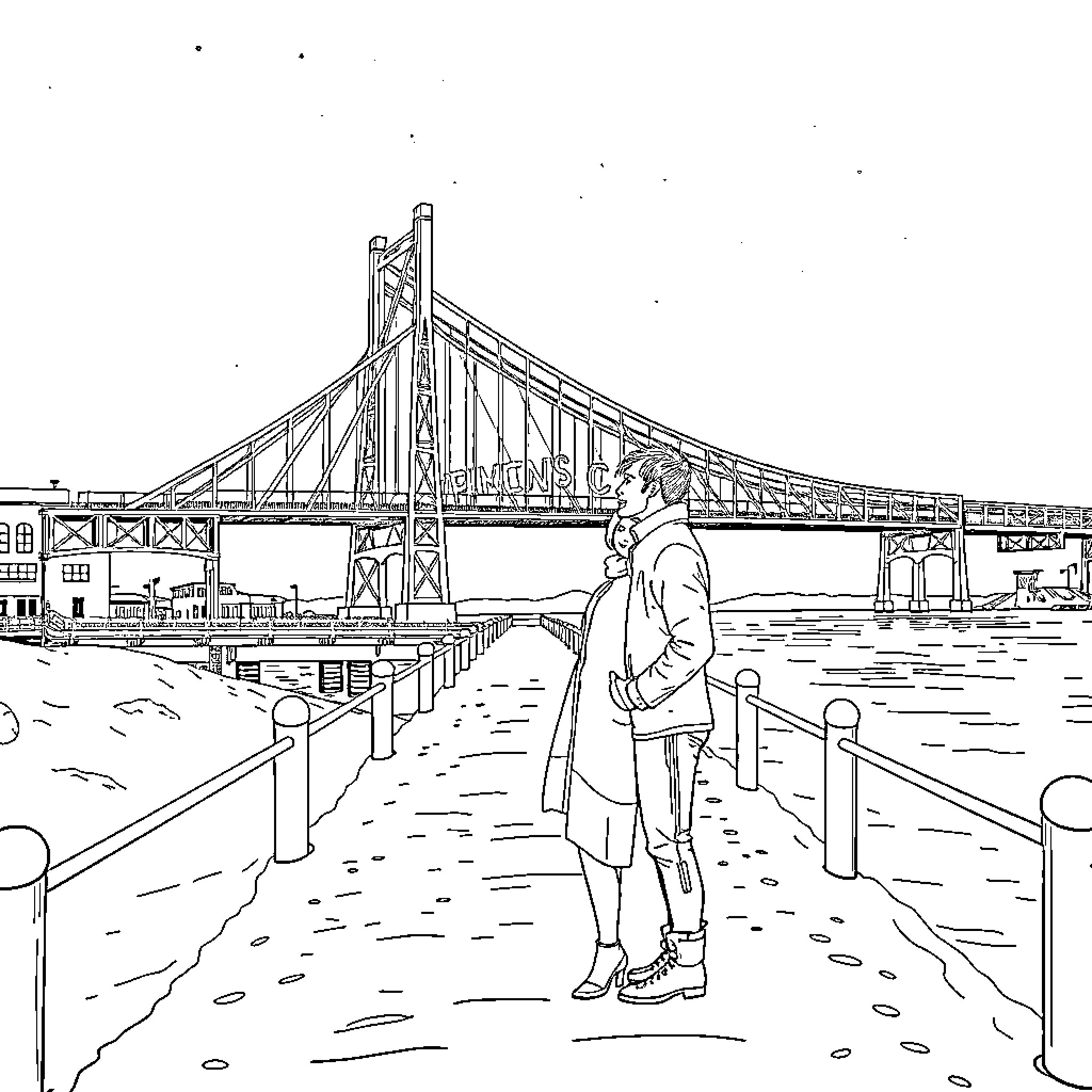 Couple enjoying view of bridge in city landscape Coloring Page (free black-and-white line drawing printable PDF for all, from beginners to advanced learners, including children, teens, adults, and seniors)